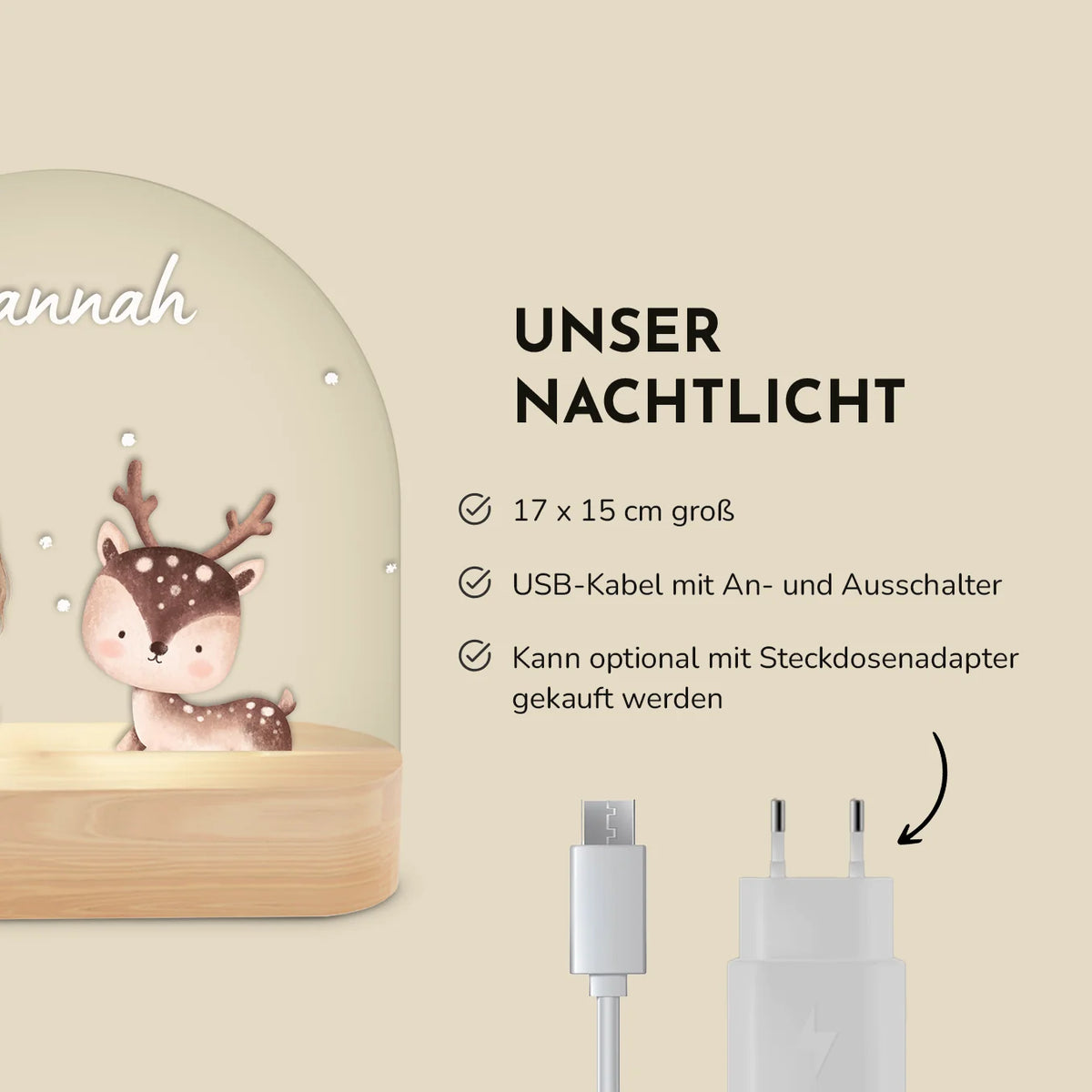 Infografik Lieblingstiere-Nachtlicht: 17 x 15 cm groß, USB-Kabel mit Schalter, Steckdosenadapter optional
