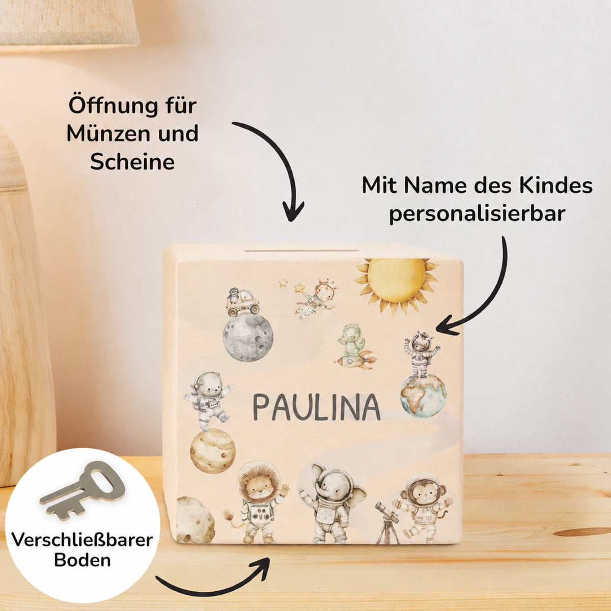Personalisierte Holzspardose "Weltall Safari"