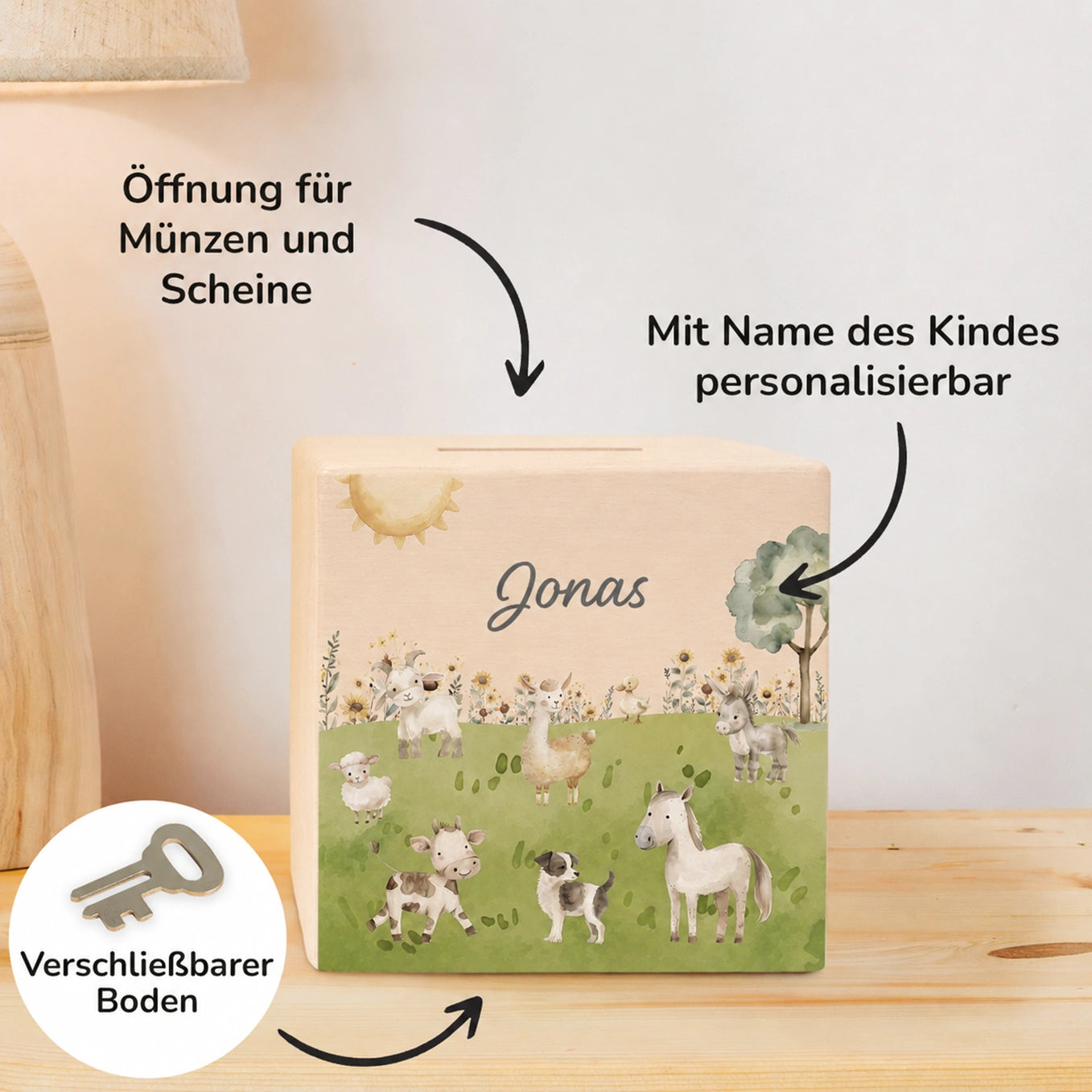 Personalisierte Holzspardose "Bauernhof”
