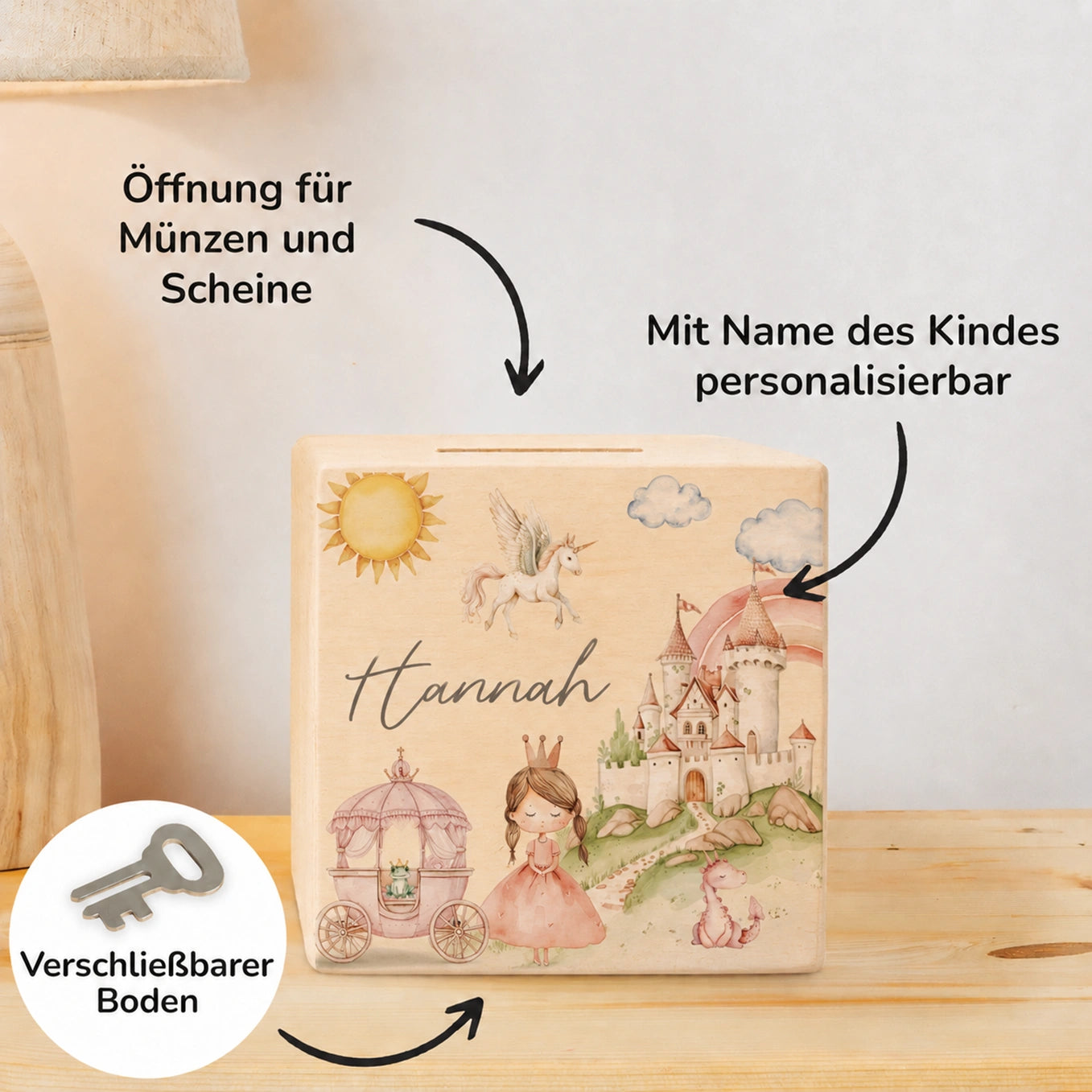 Personalisierte Holzspardose "Prinzessin"