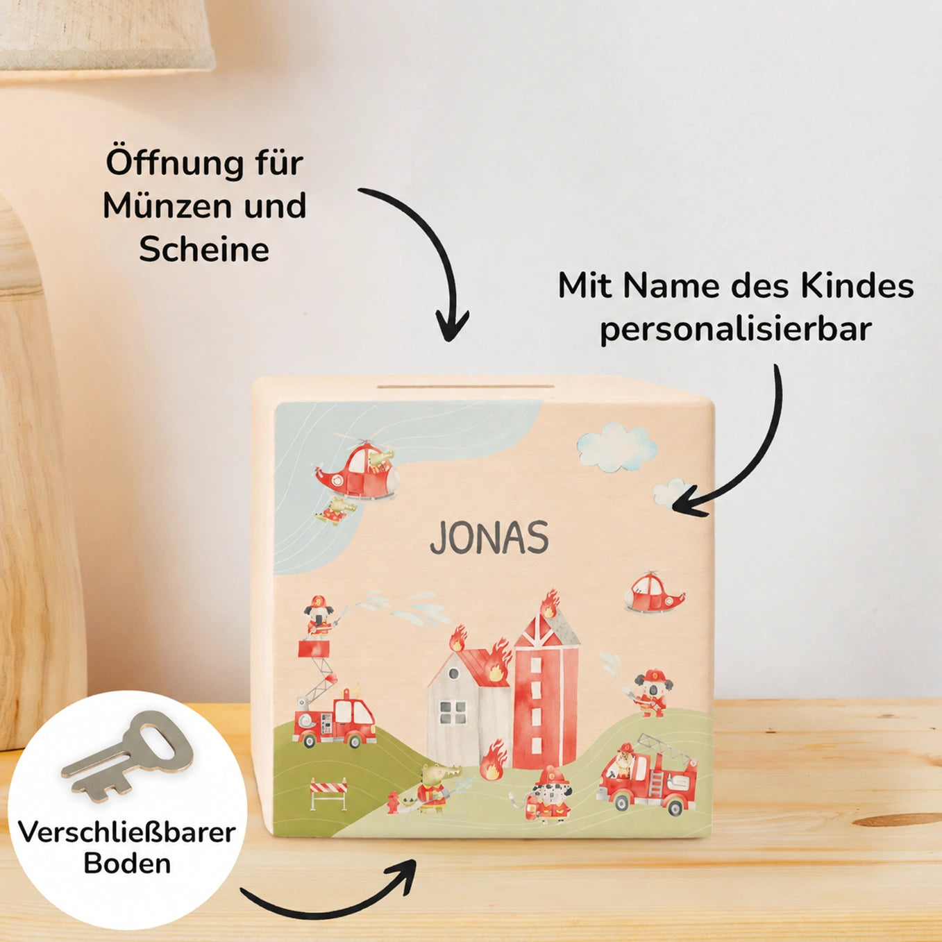 Personalisierte Holzspardose "Feuerwehr"