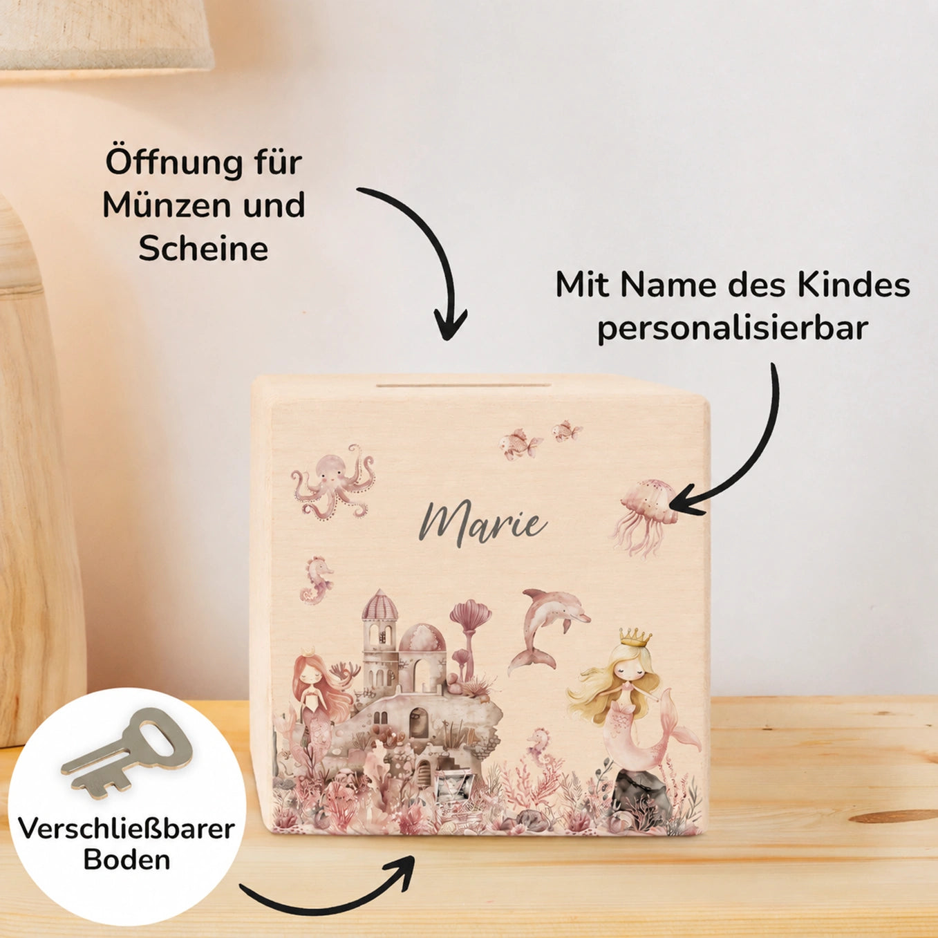 Personalisierte Holzspardose "Meerjungfrau"