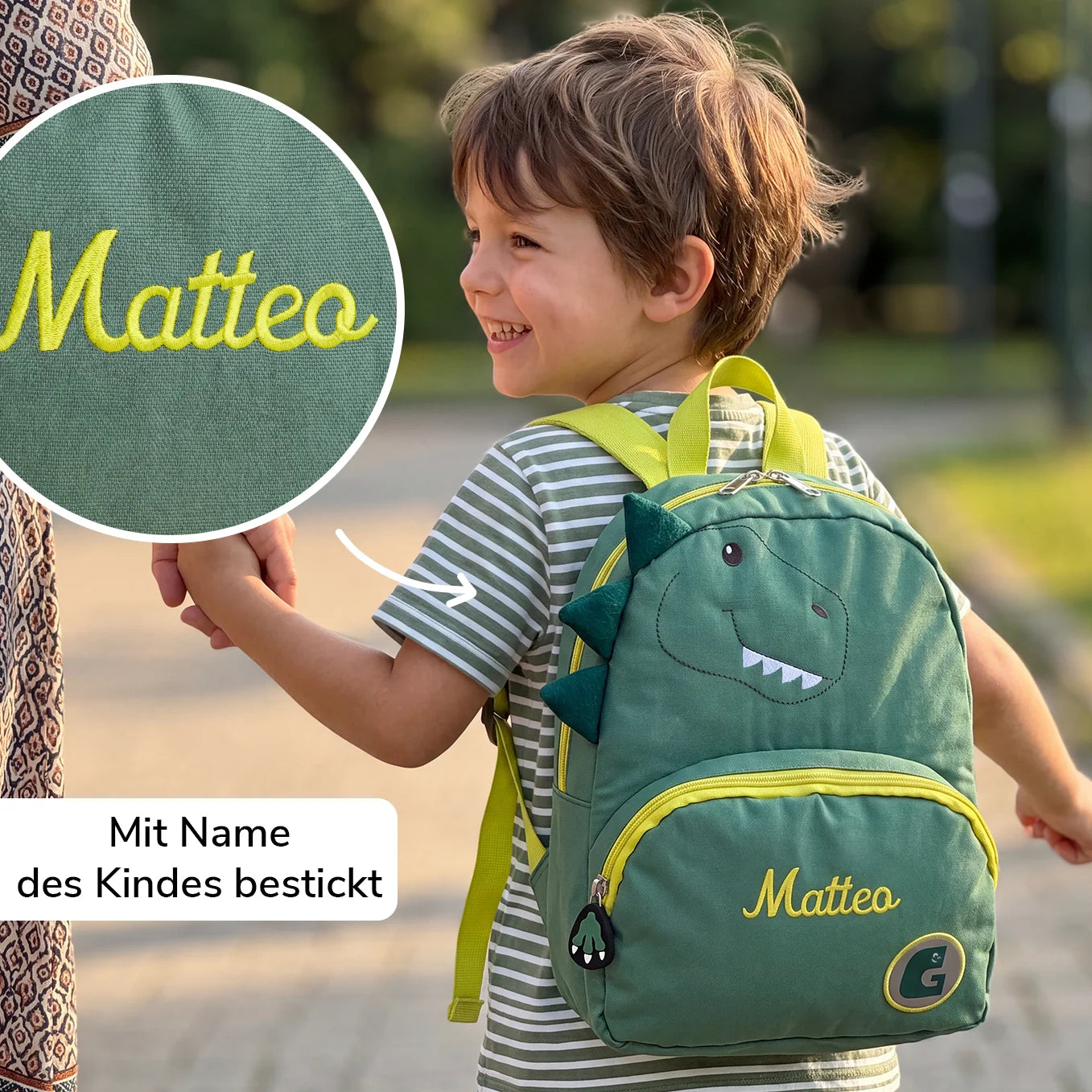 Personalisierter Kinder Rucksack "Dino" mit Stick