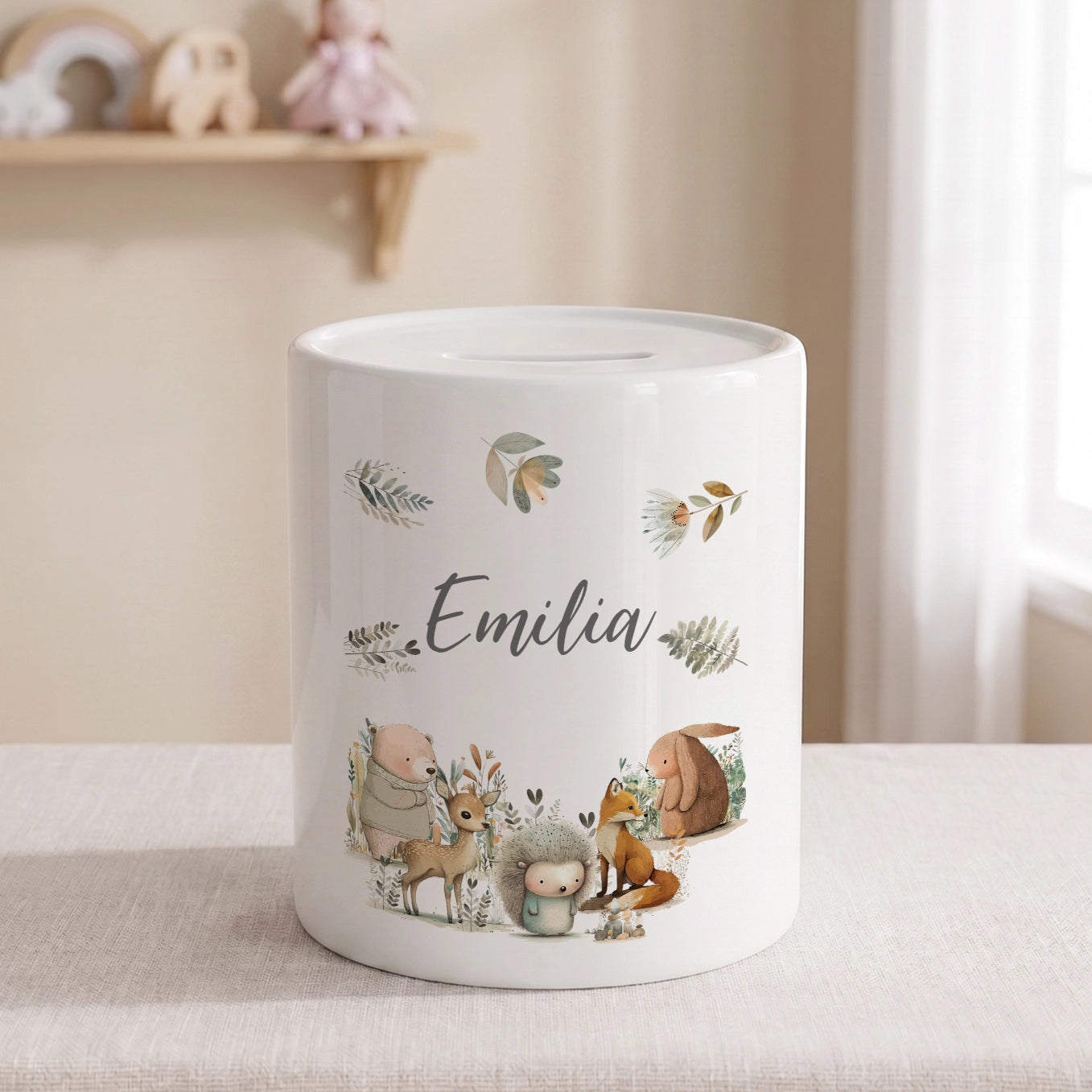Personalisierte Keramik Spardose "Waldtiere Aquarell"