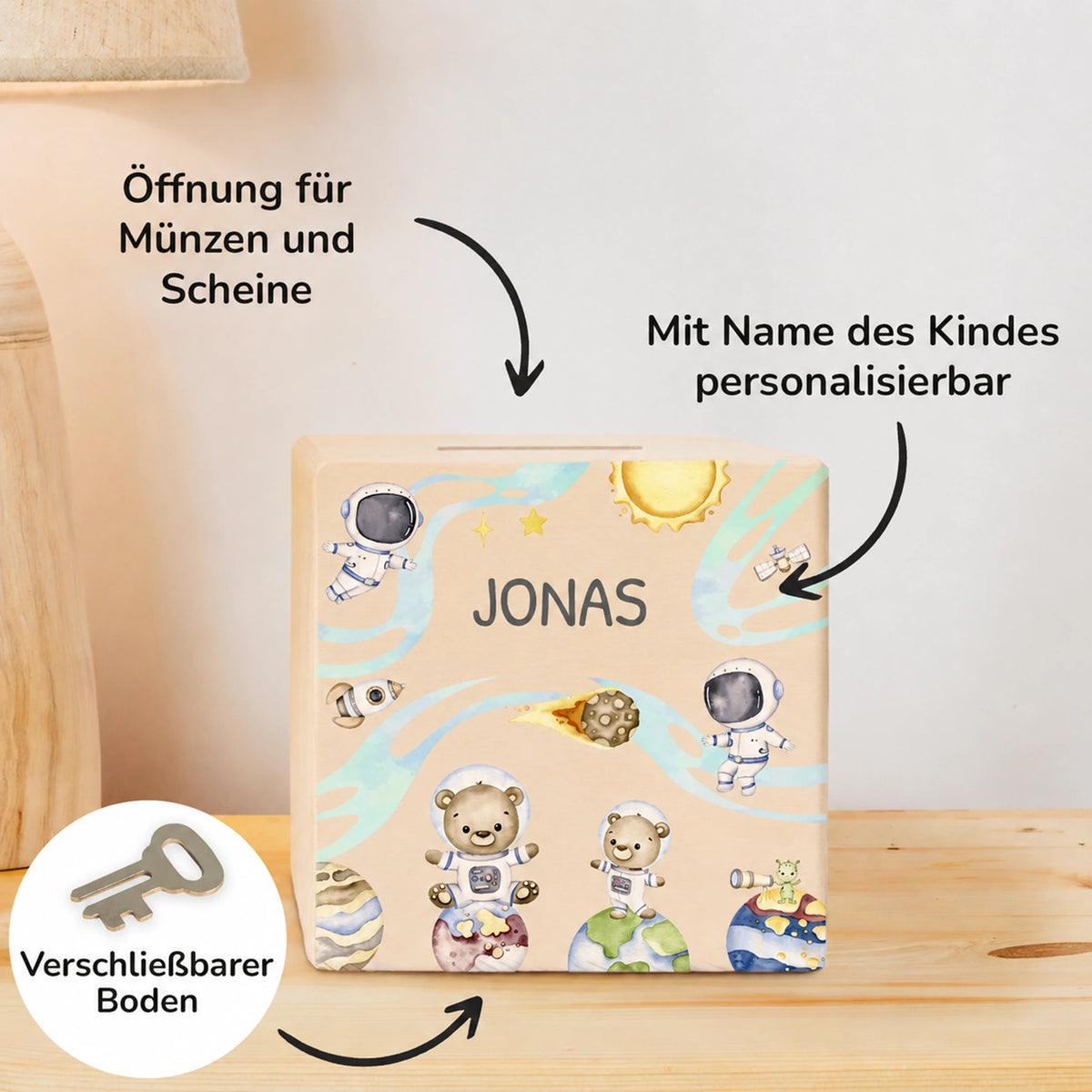 Personalisierte Holzspardose "Astronauten”