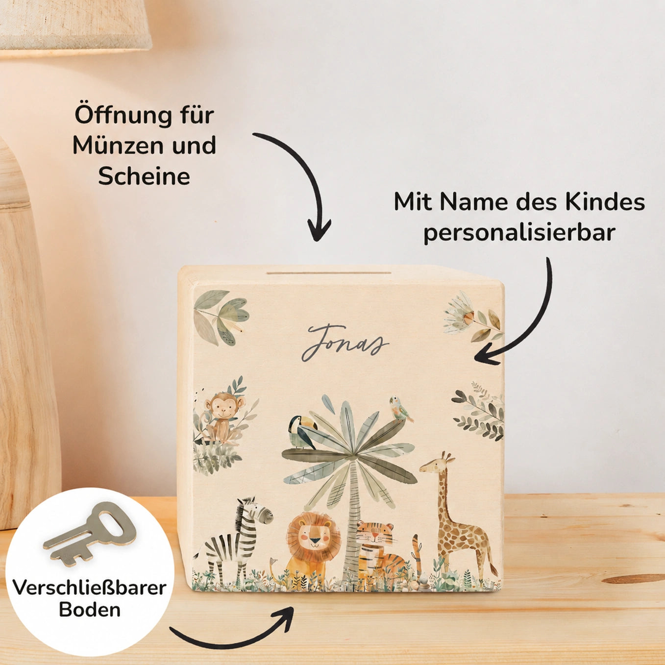 Personalisierte Holzspardose "Safari Tiere"