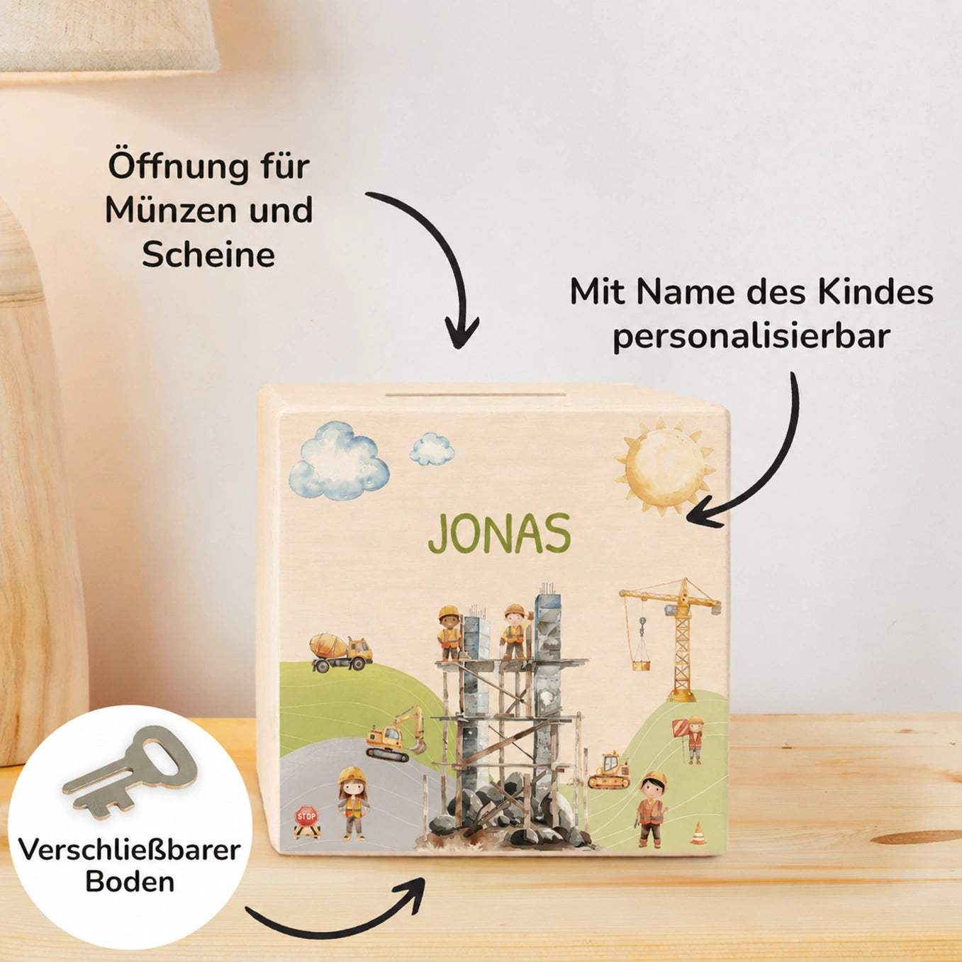 Personalisierte Holzspardose "Baustelle”