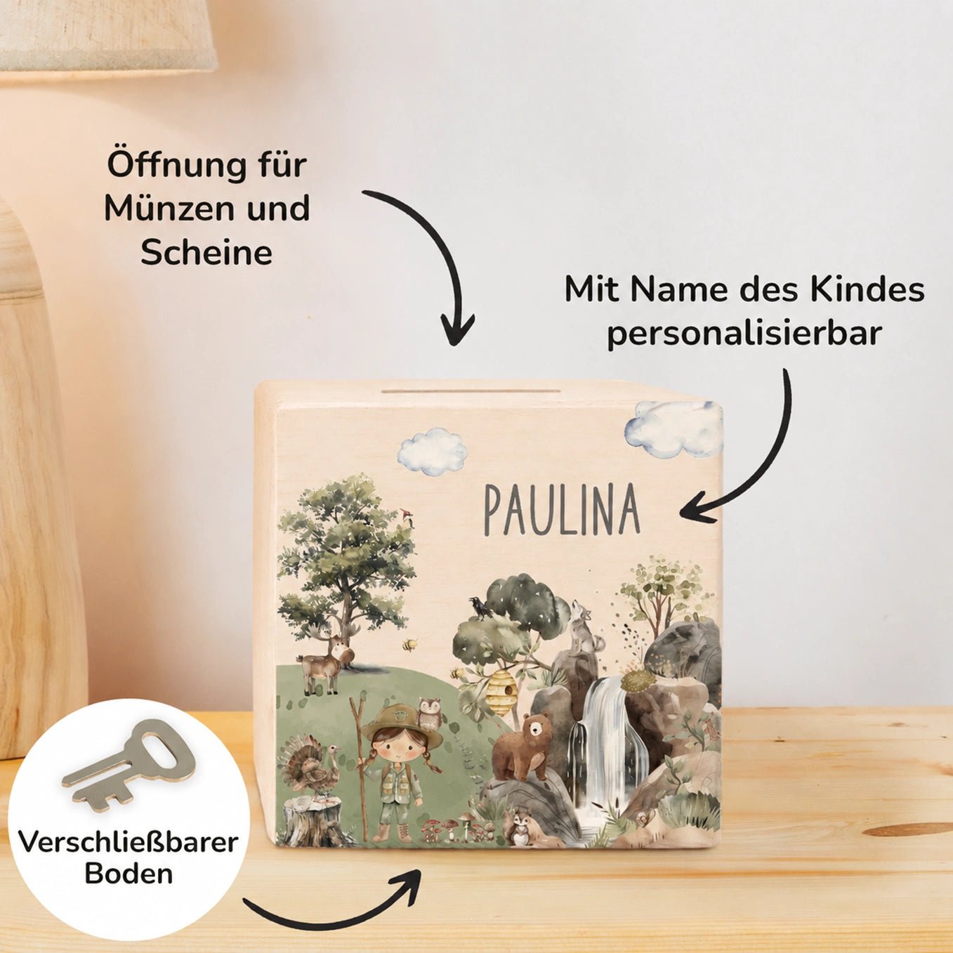 Personalisierte Holzspardose "Wildnis”