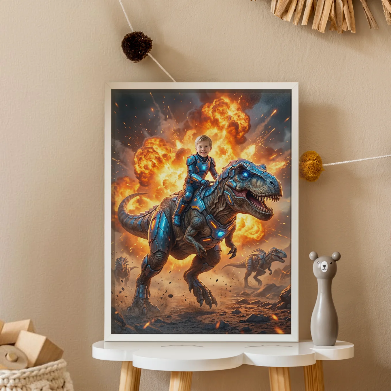 Personalisiertes Kinderposter "T‑Rex Reiter"