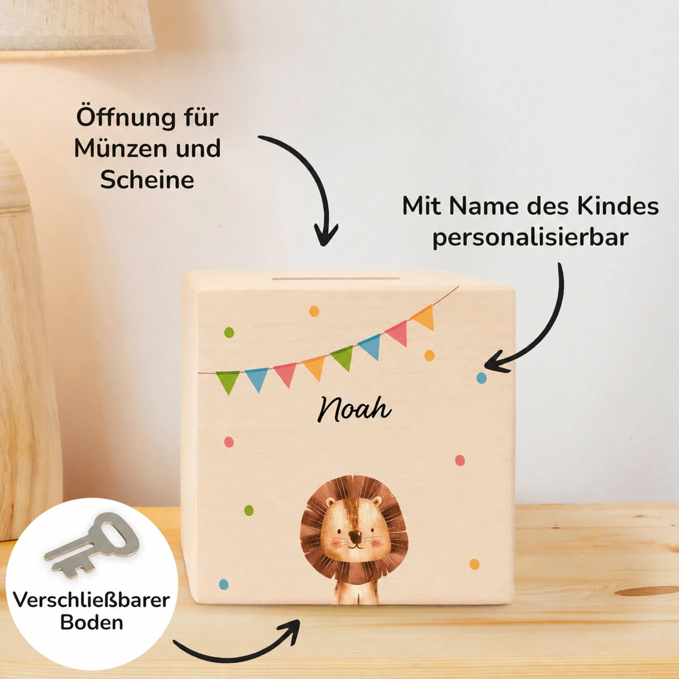 Personalisierte Holzspardose "Konfetti"