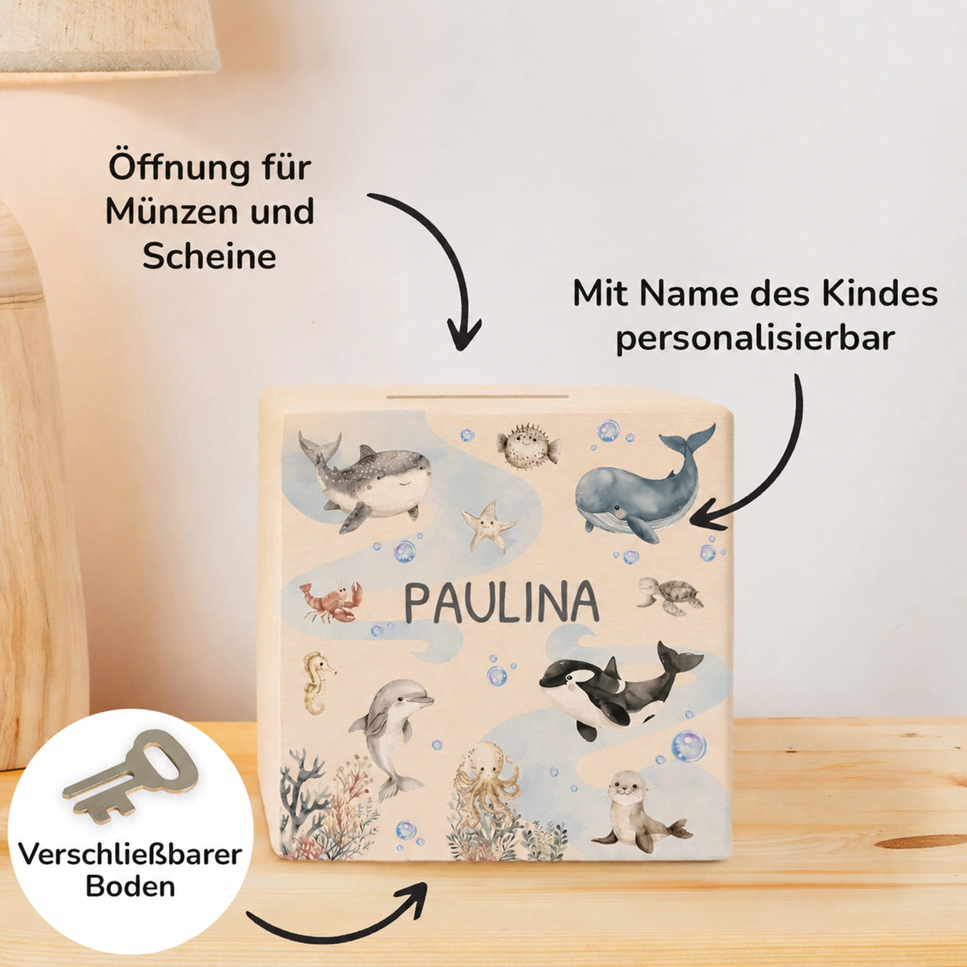 Personalisierte Holzspardose "Ozean”