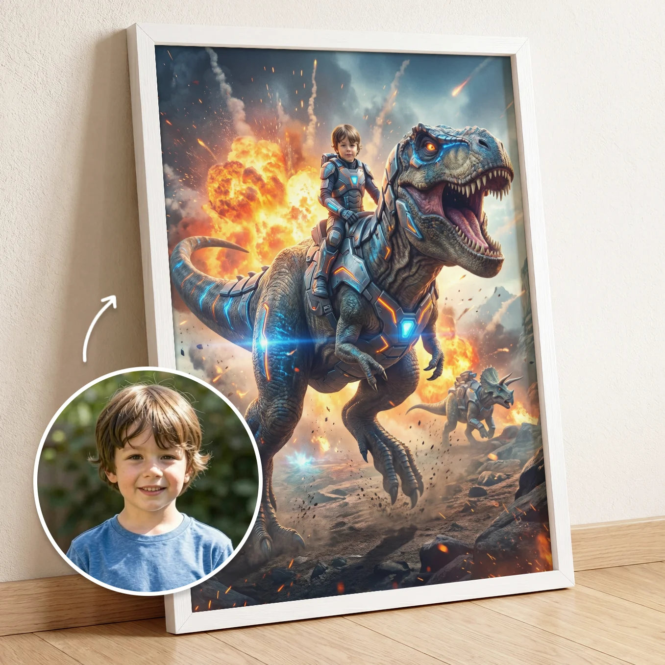 Personalisiertes Kinderposter "T‑Rex Reiter"