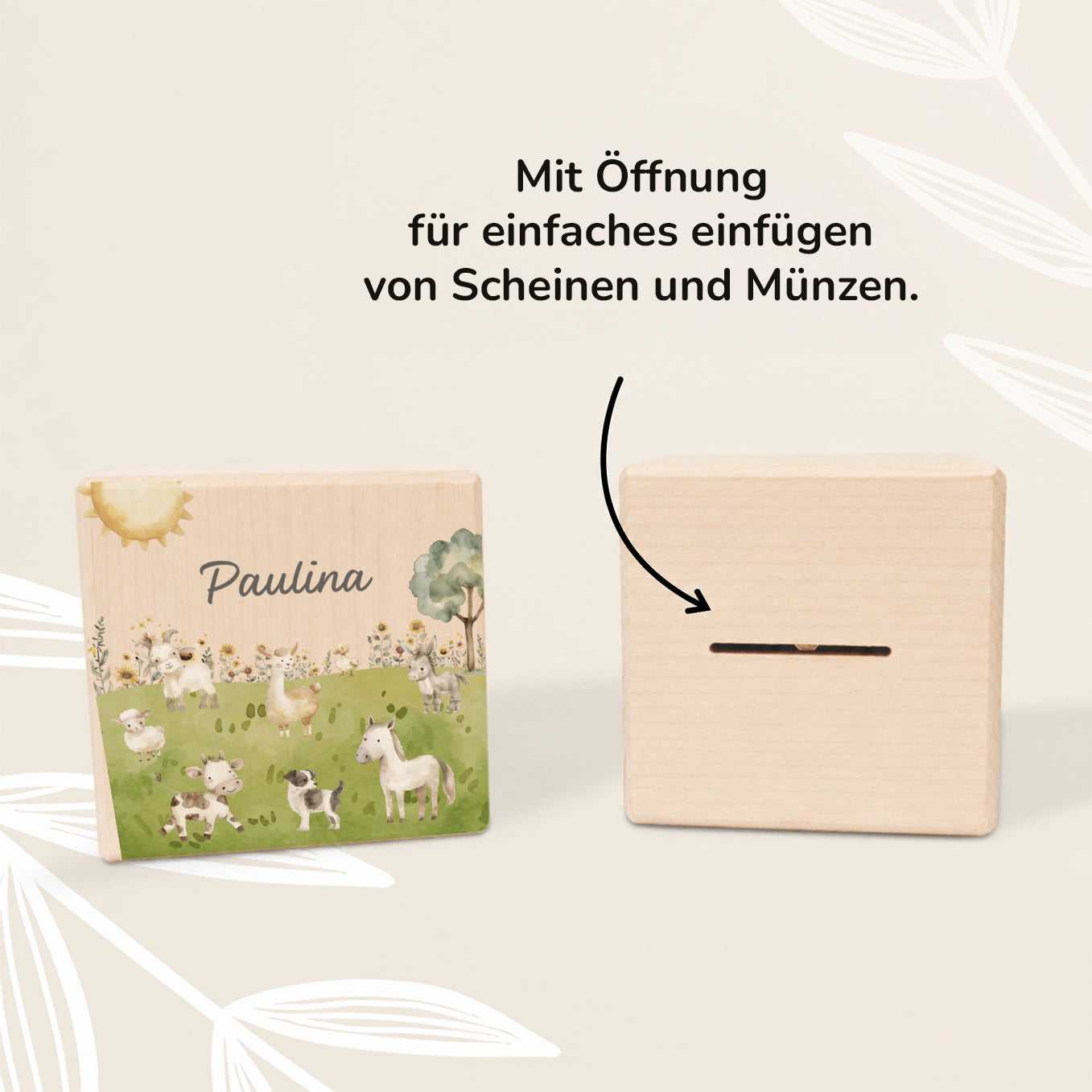 Personalisierte Holzspardose "Bauernhof”