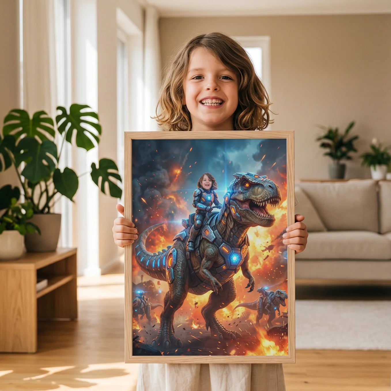 Personalisiertes Kinderposter "T‑Rex Reiter"
