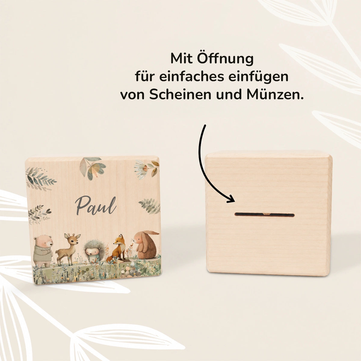 Personalisierte Holzspardose "Waldtiere Aquarell”