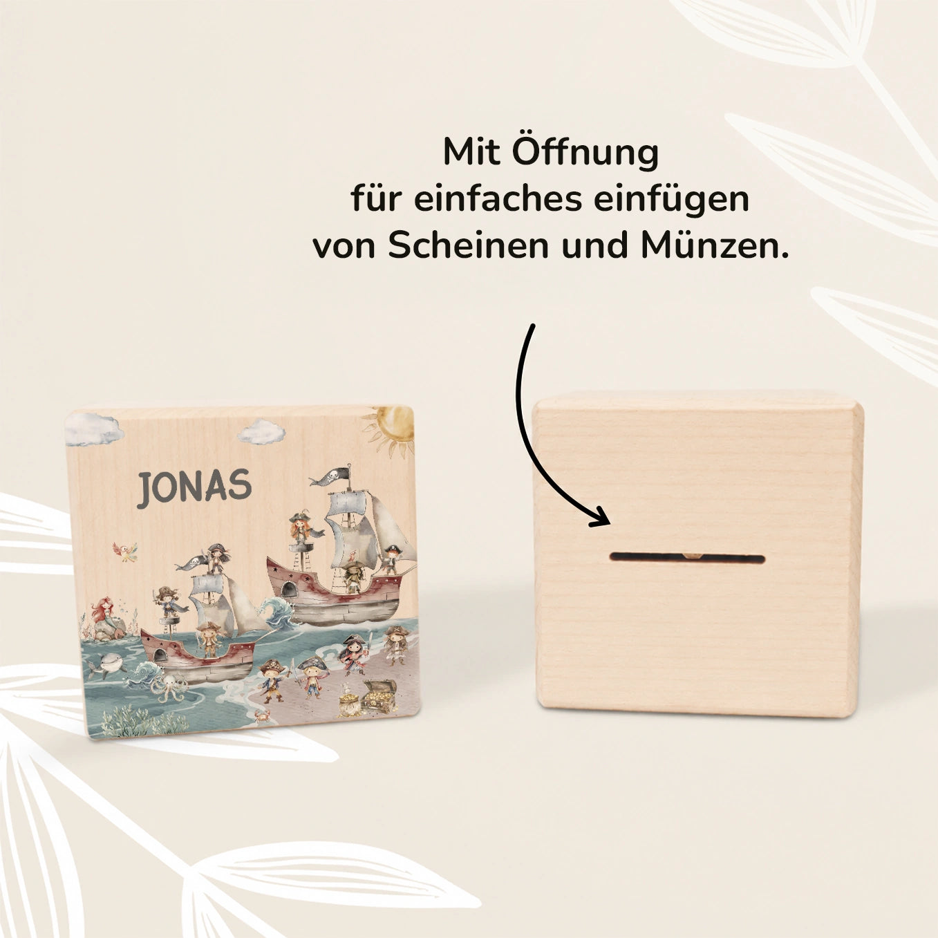 Personalisierte Holzspardose "Schatzinsel”