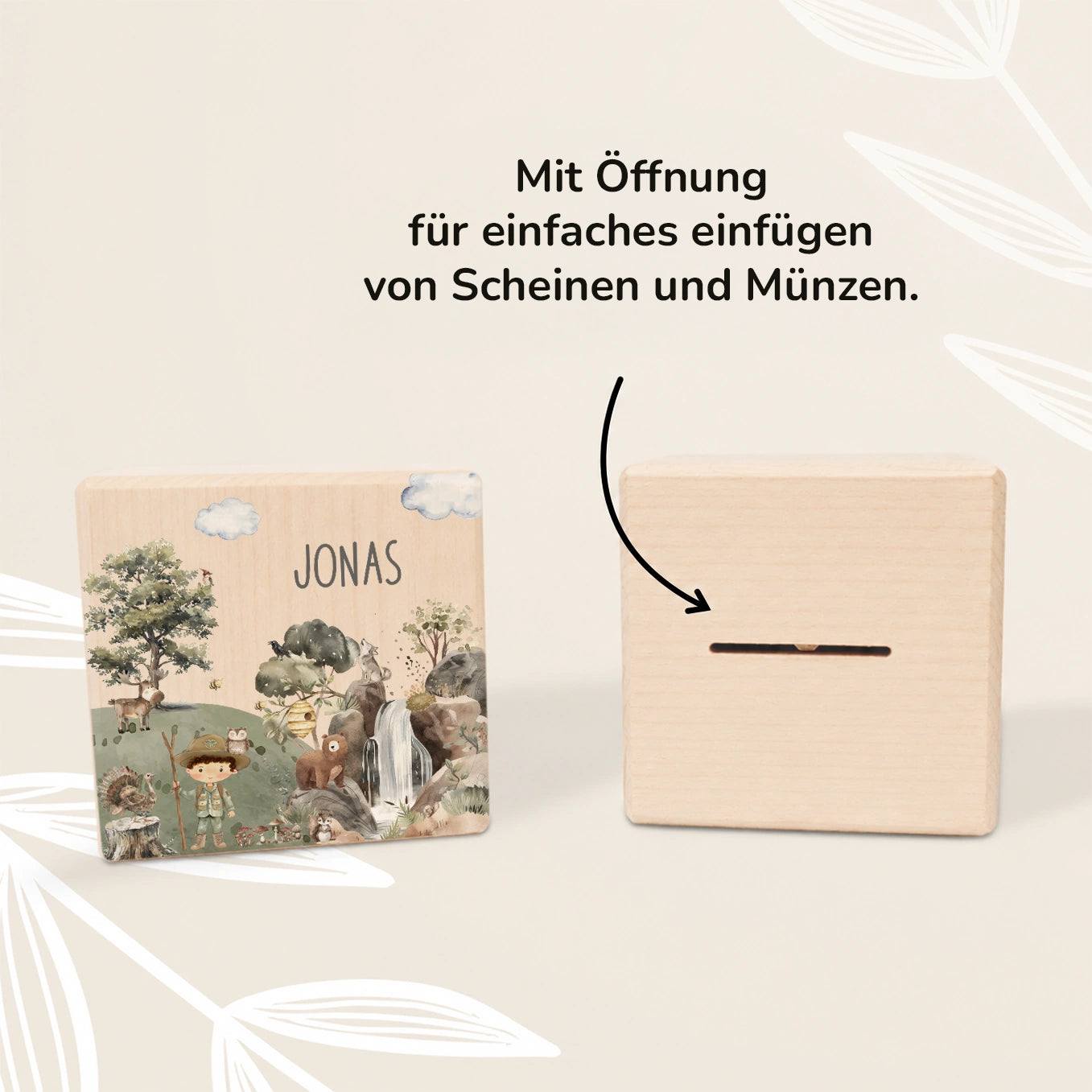 Personalisierte Holzspardose "Wildnis”
