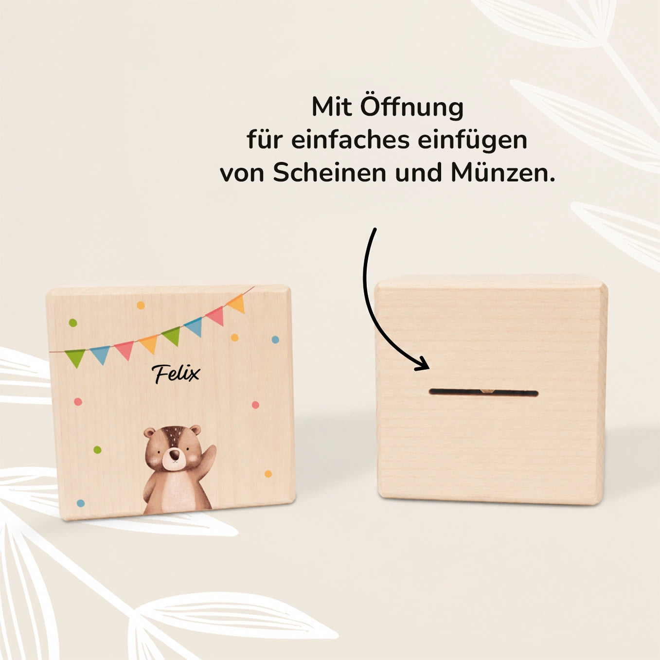 Personalisierte Holzspardose "Konfetti"