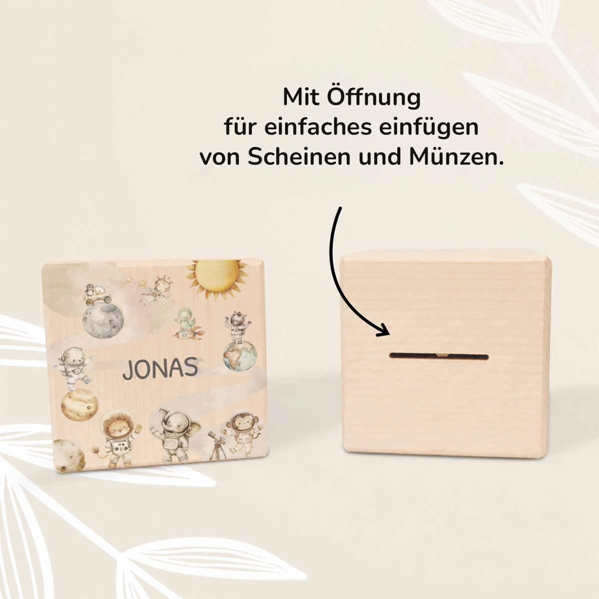 Personalisierte Holzspardose "Weltall Safari"