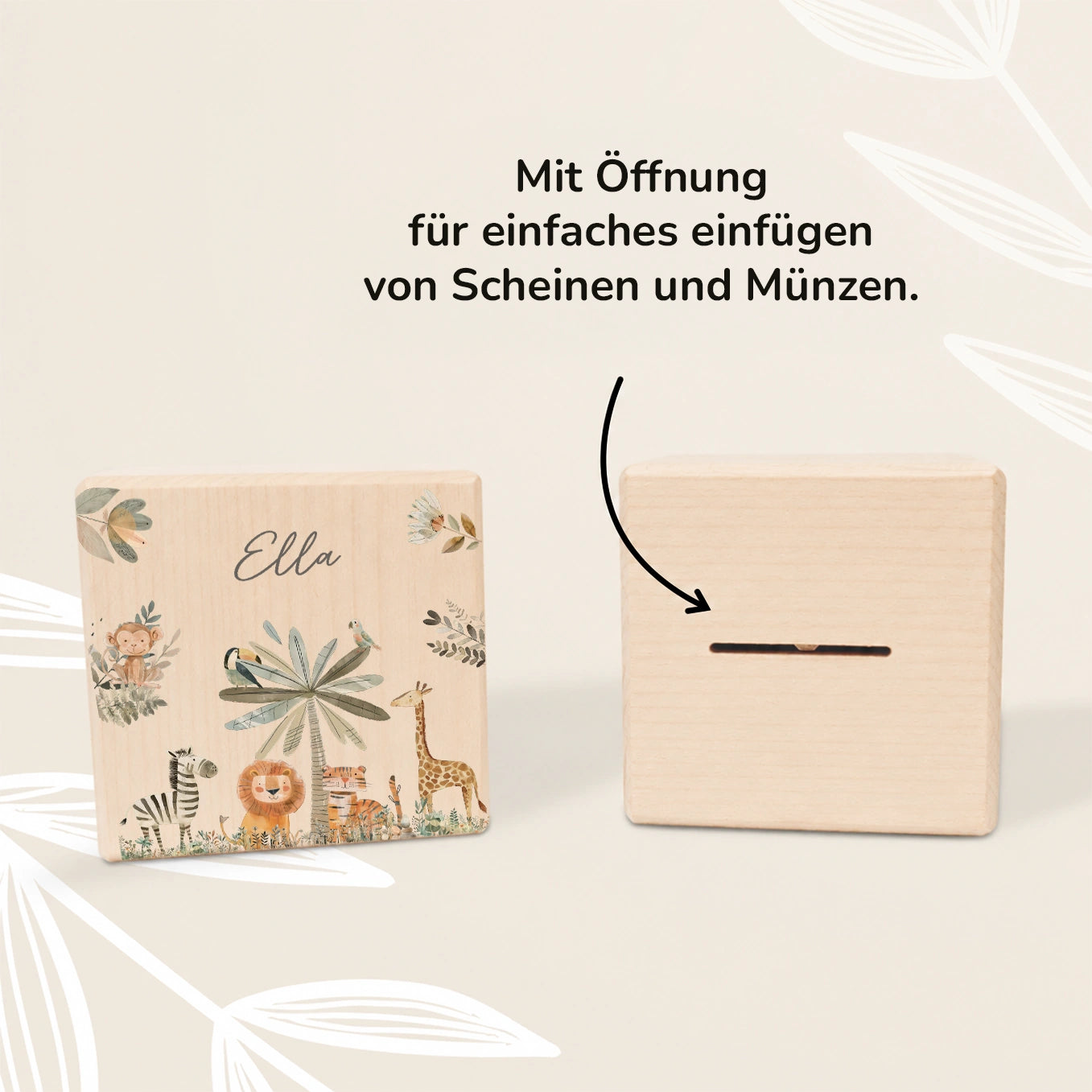Personalisierte Holzspardose "Safari Tiere"