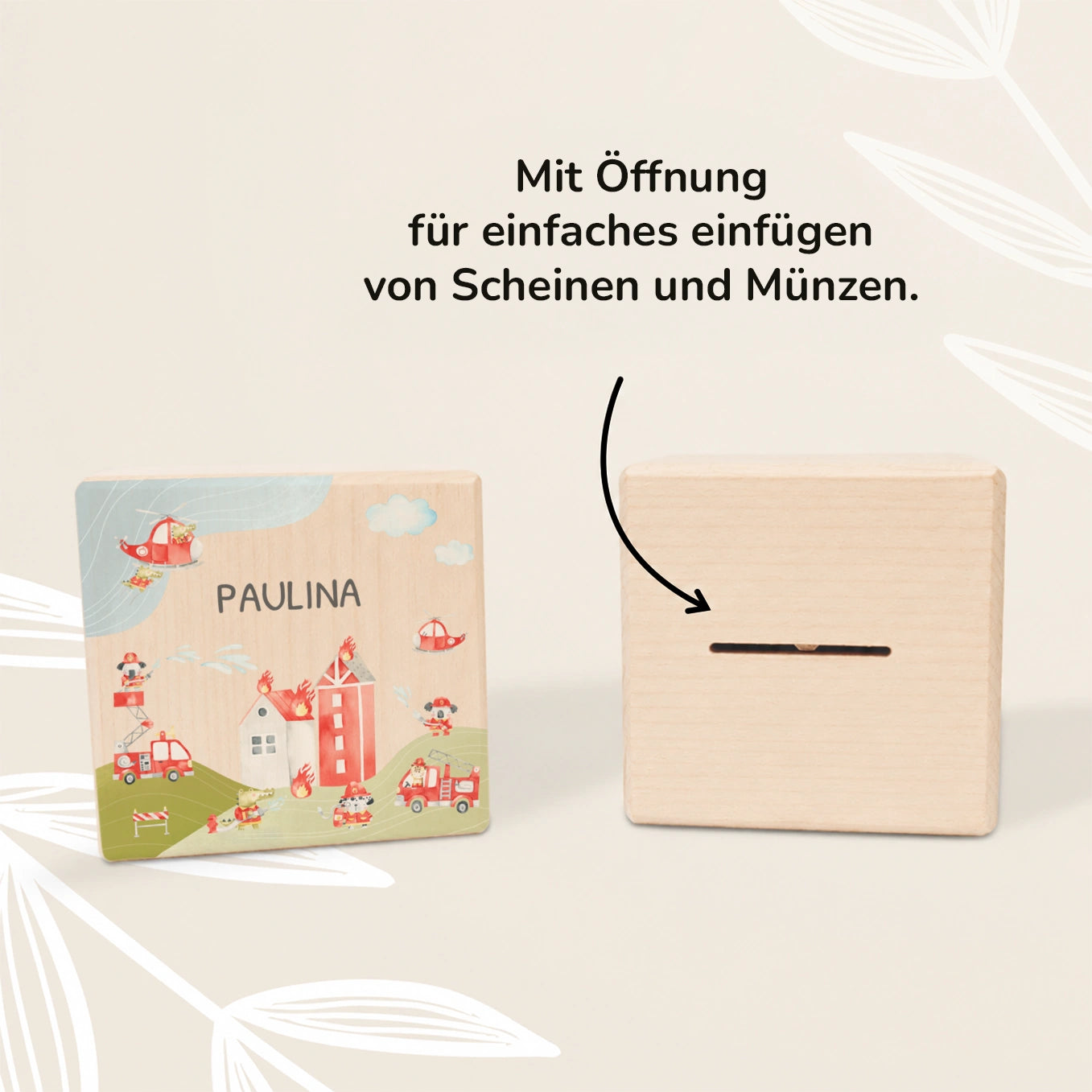 Personalisierte Holzspardose "Feuerwehr"