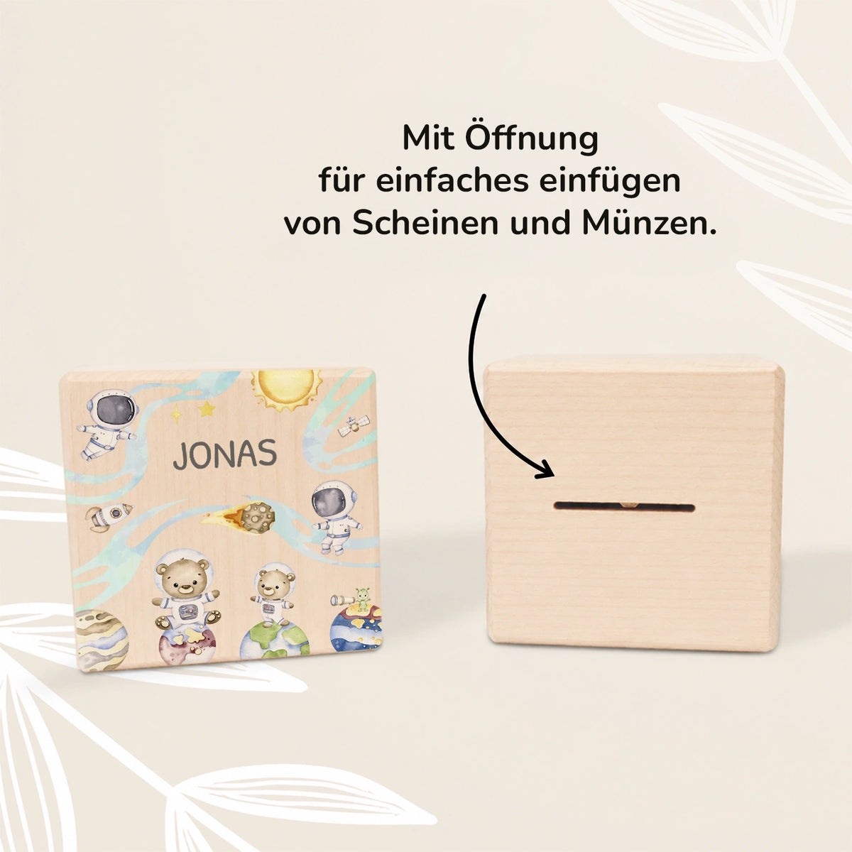 Personalisierte Holzspardose "Astronauten”