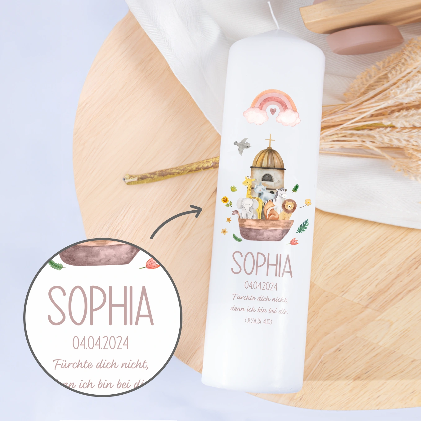 Personalisierte Taufkerze "Tiere auf der Arche"