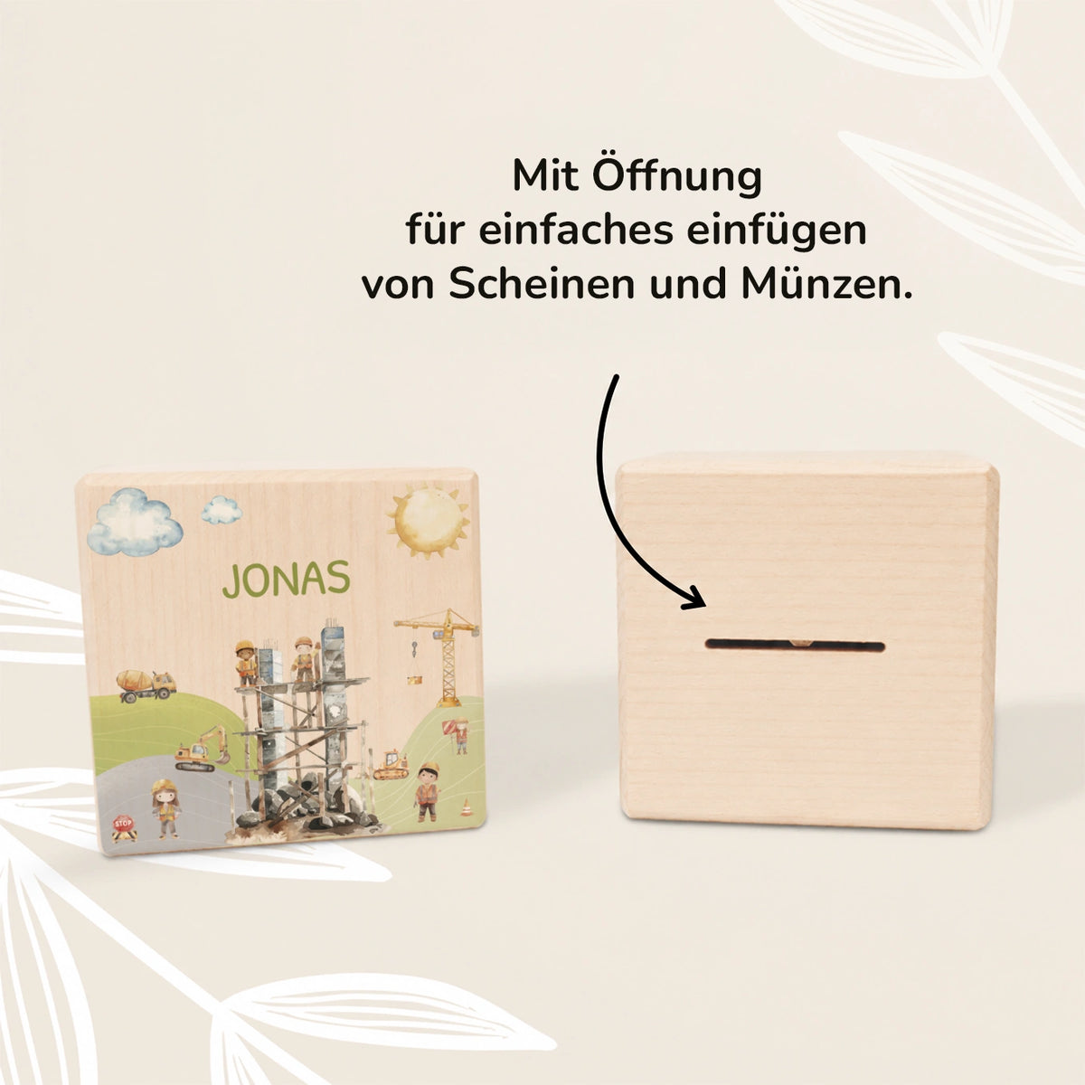 Personalisierte Holzspardose "Baustelle”