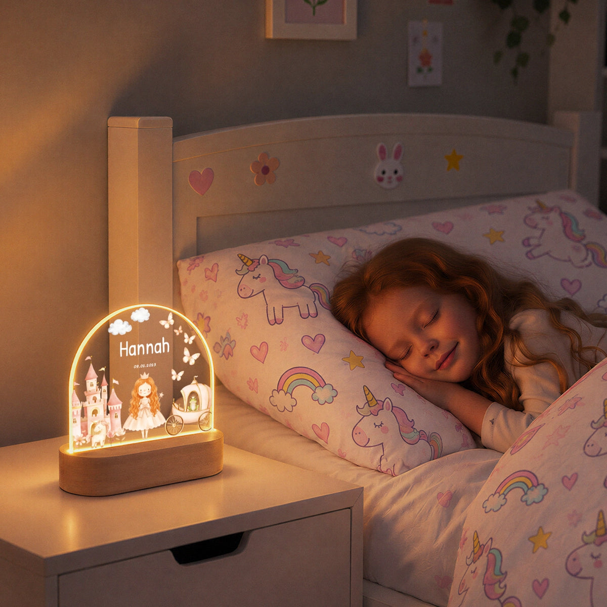 Mädchen schläft neben dem Prinzessin-Nachtlicht auf dem Nachttisch