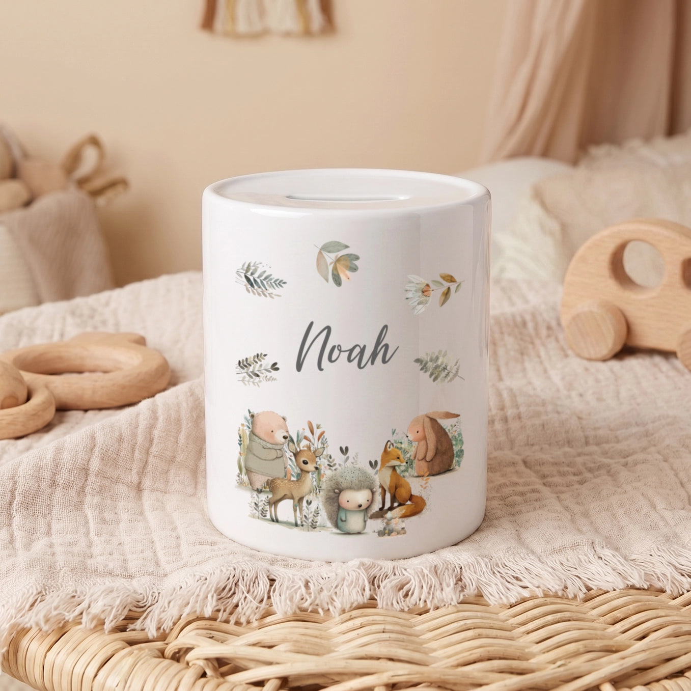 Personalisierte Keramik Spardose "Waldtiere Aquarell"
