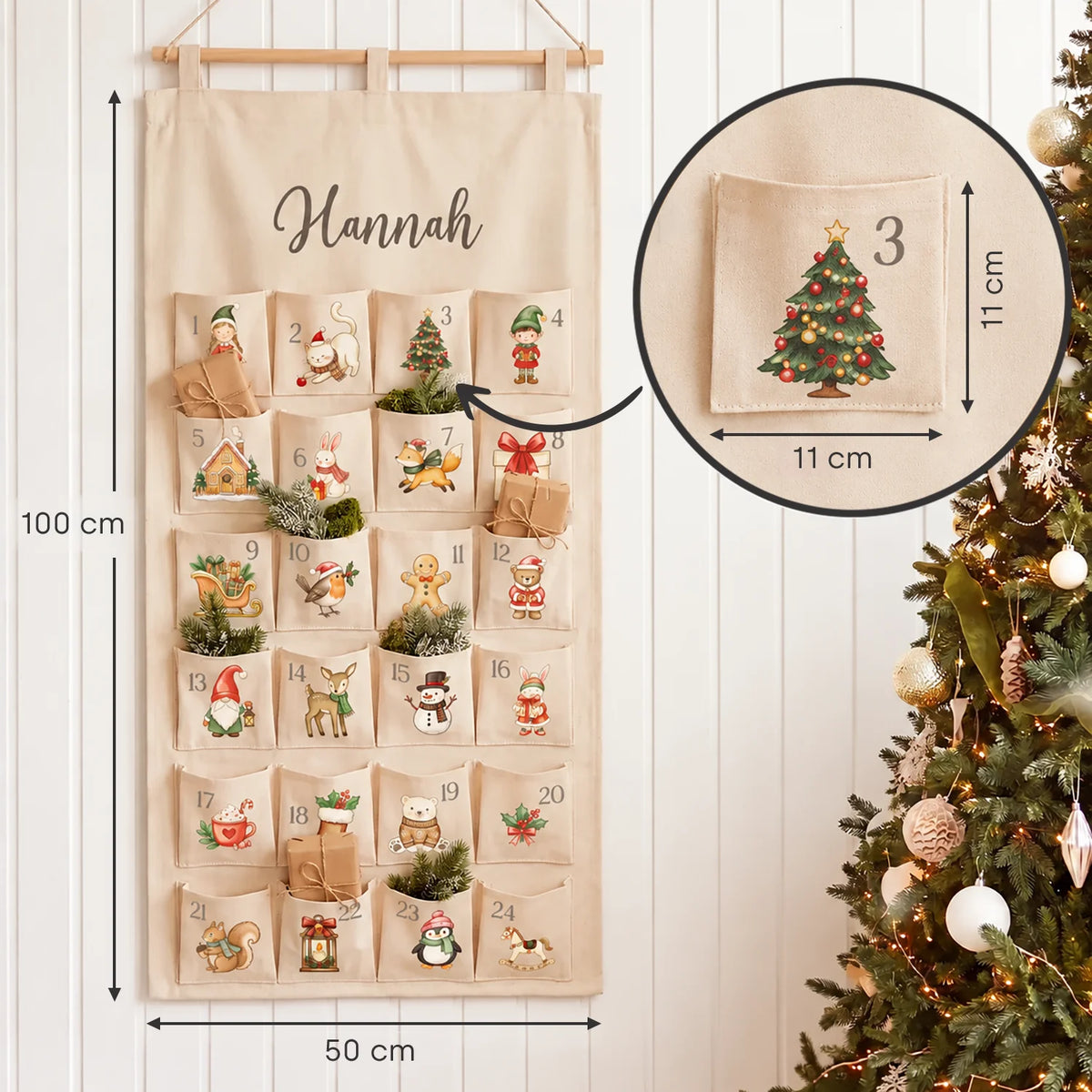 Maße des Scandi-Adventskalenders: 100 x 50 cm, Taschen 11 x 11 cm