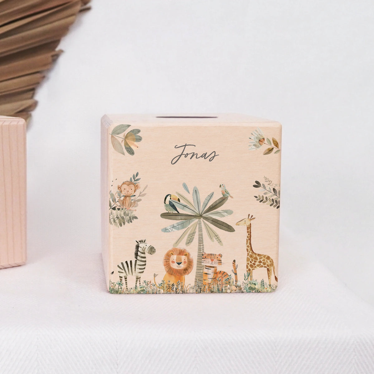 Personalisierte Holzspardose "Safari Tiere"