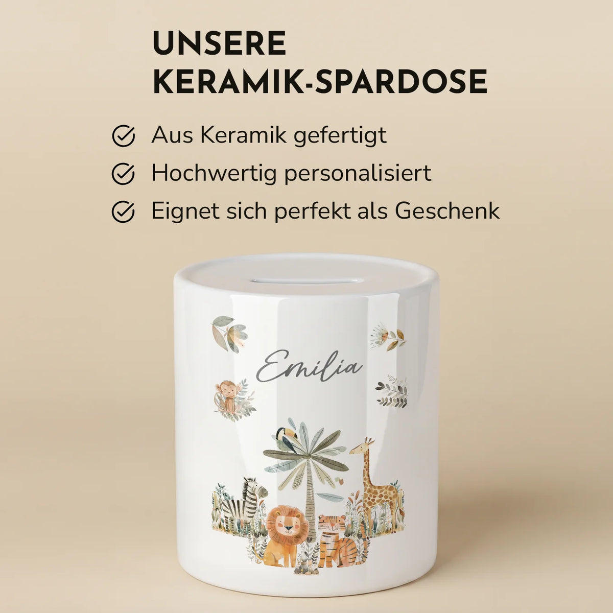 Personalisierte Keramik Spardose "Safari Tiere"