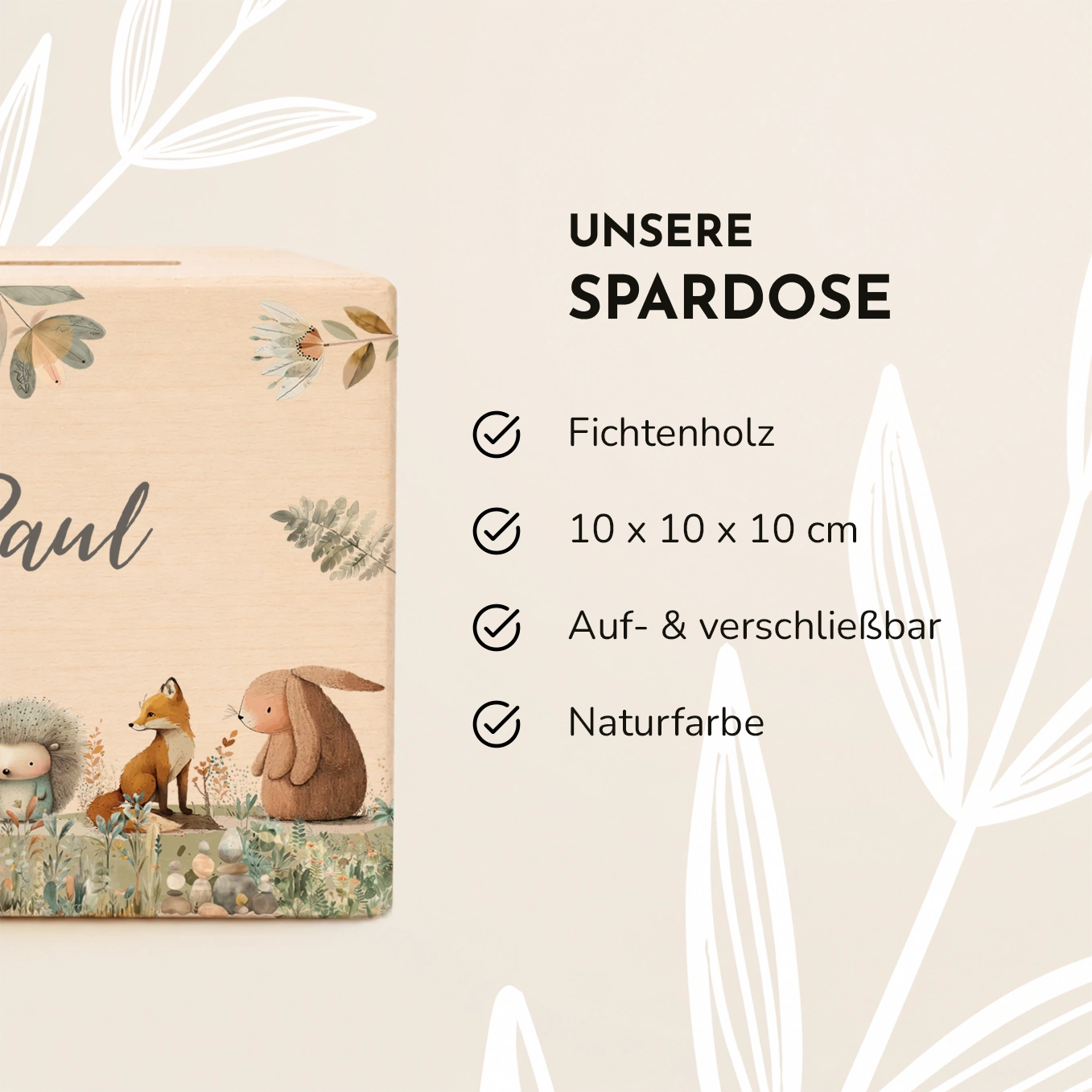 Personalisierte Holzspardose "Waldtiere Aquarell”