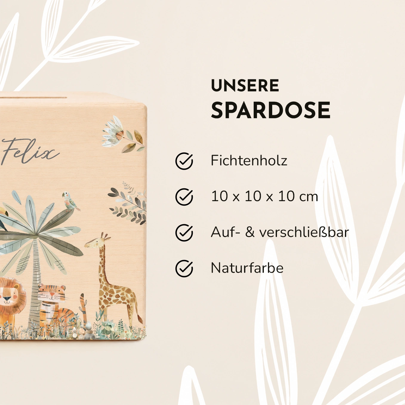 Personalisierte Holzspardose "Safari Tiere"