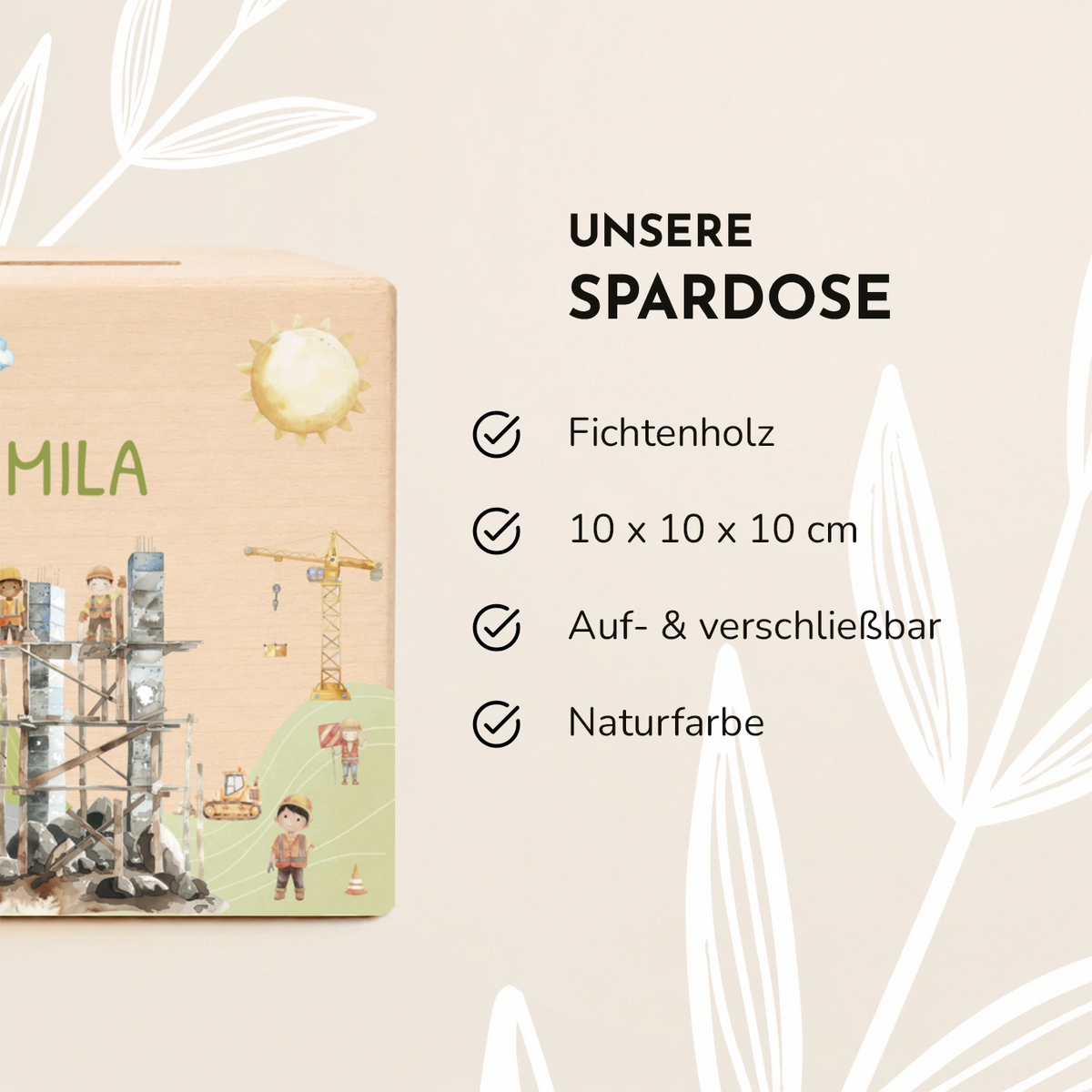 Personalisierte Holzspardose "Baustelle”