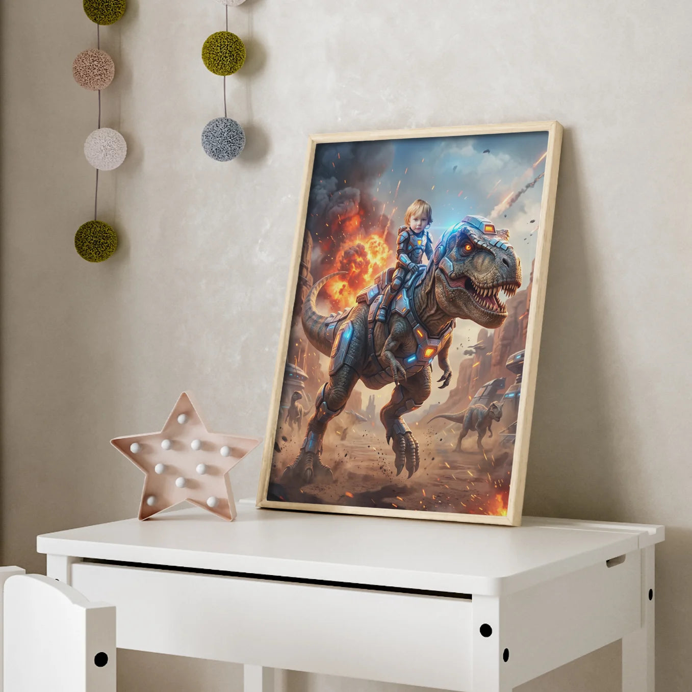 Personalisiertes Kinderposter "T‑Rex Reiter"