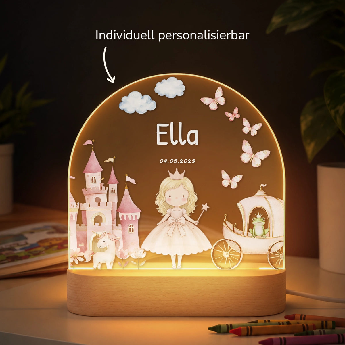 Individuell personalisierbares Nachtlicht mit Prinzessin, Namen und Datum