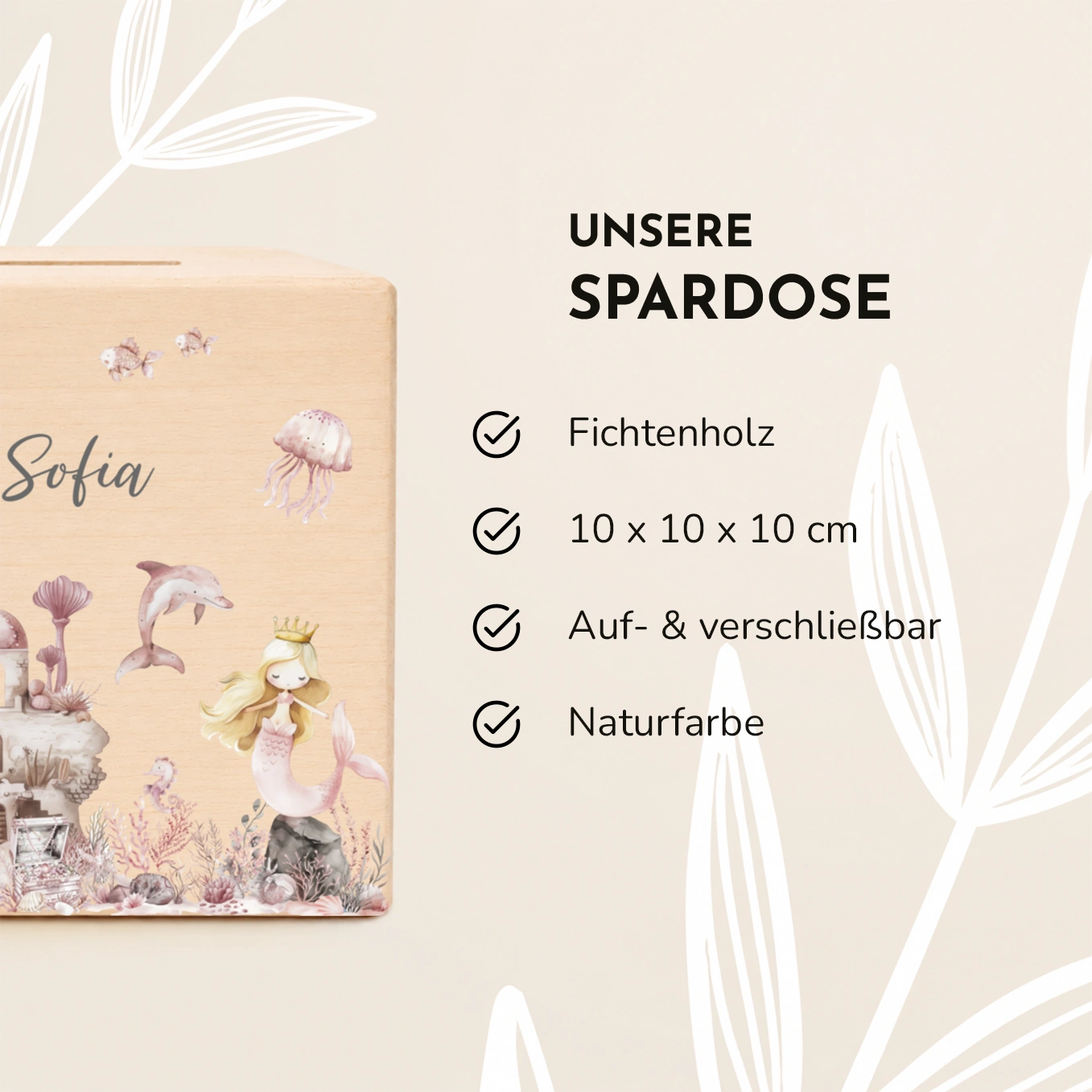Personalisierte Holzspardose "Meerjungfrau"