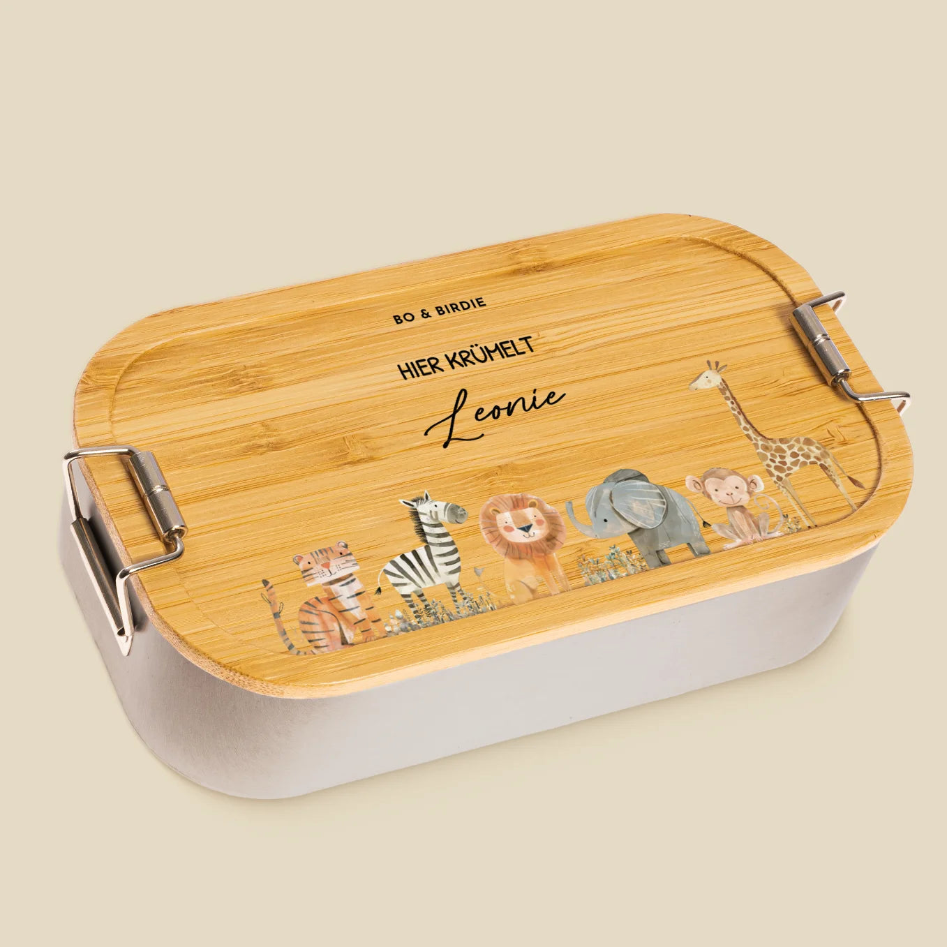 Personalisierte Brotdose mit Bambusdeckel "Safari Tiere" + 52 Gratis Aufkleber
