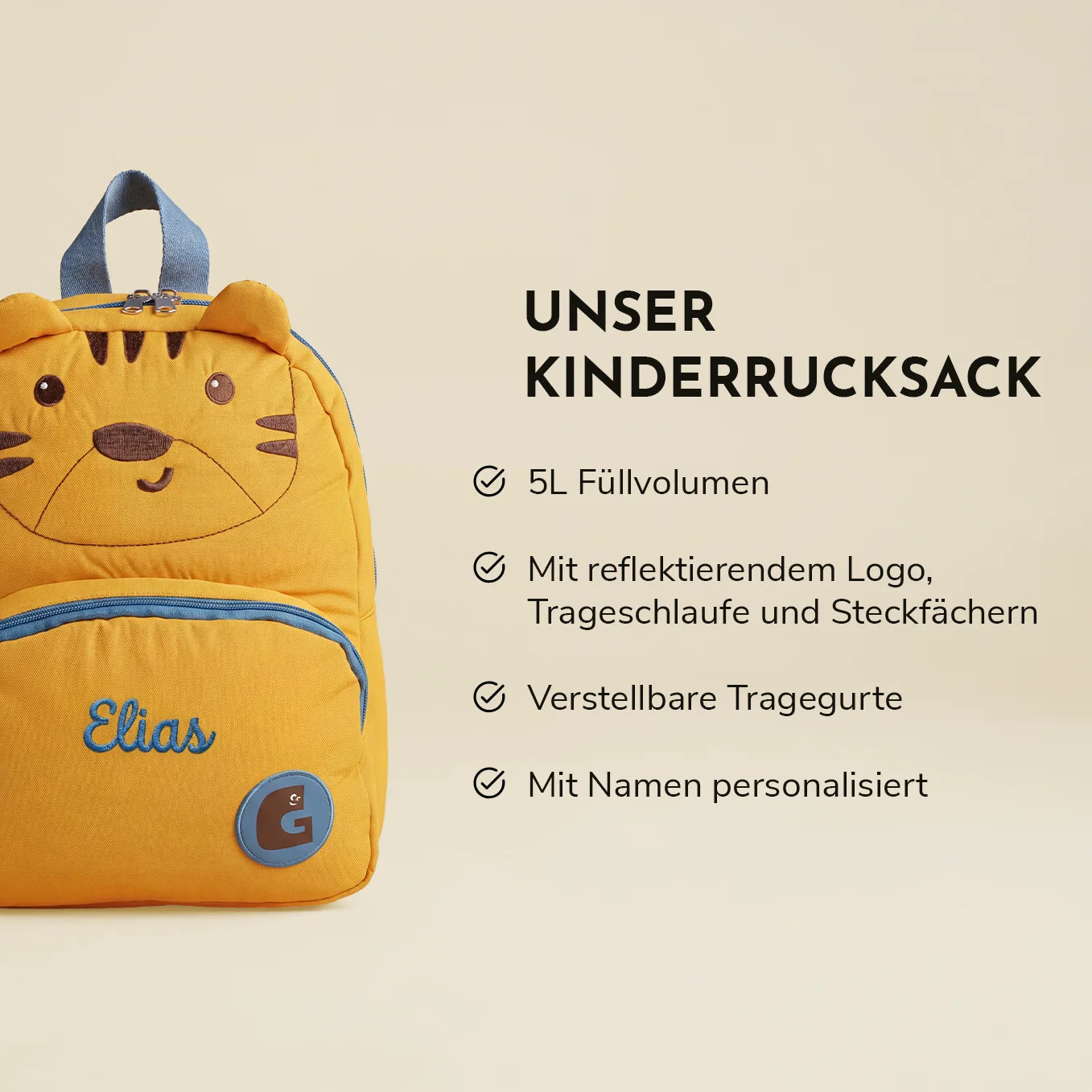 Personalisierter Kinder Rucksack "Tiger" mit Stick