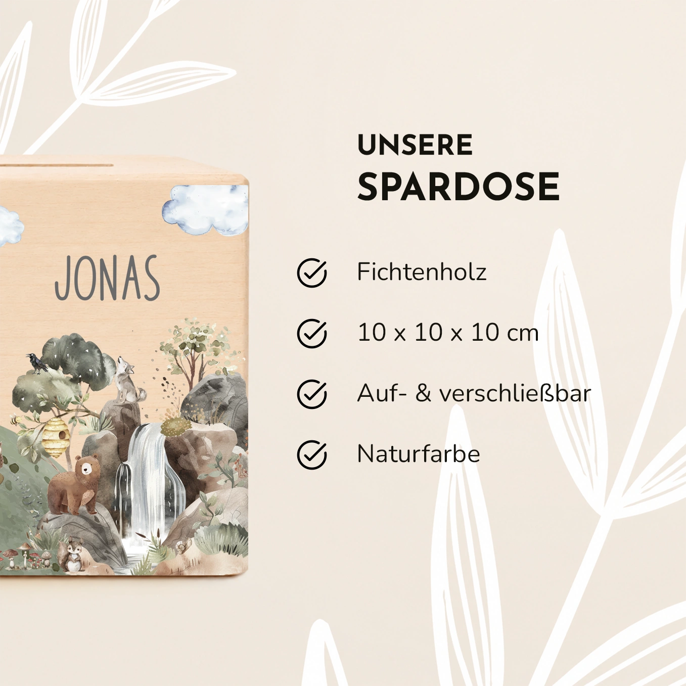Personalisierte Holzspardose "Wildnis”