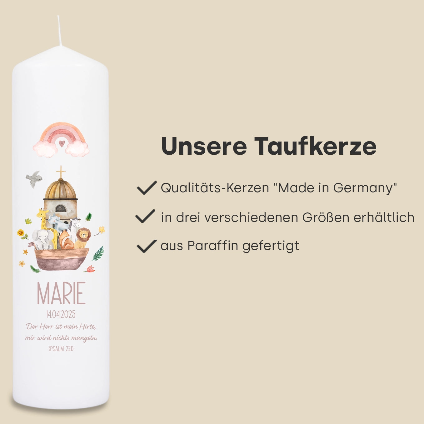 Personalisierte Taufkerze "Tiere auf der Arche"