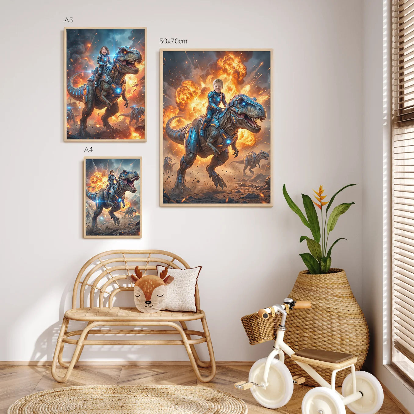 Personalisiertes Kinderposter "T‑Rex Reiter"