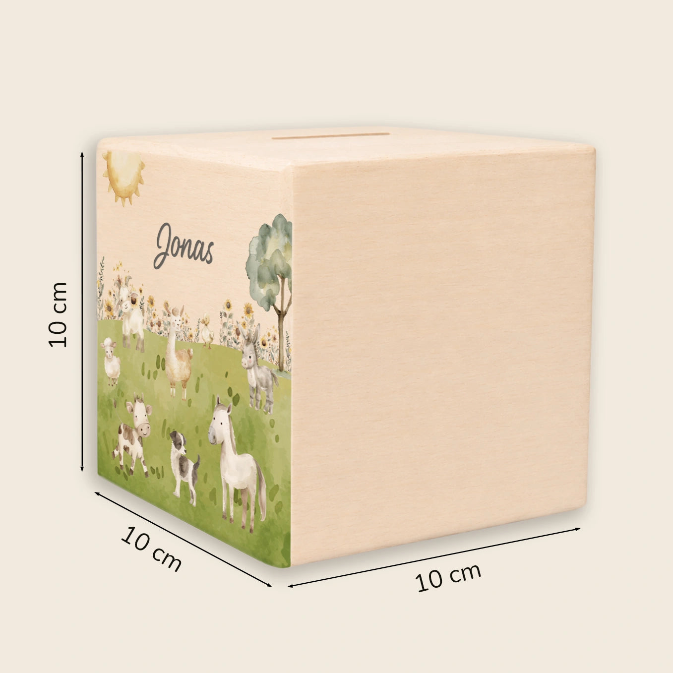 Personalisierte Holzspardose "Bauernhof”