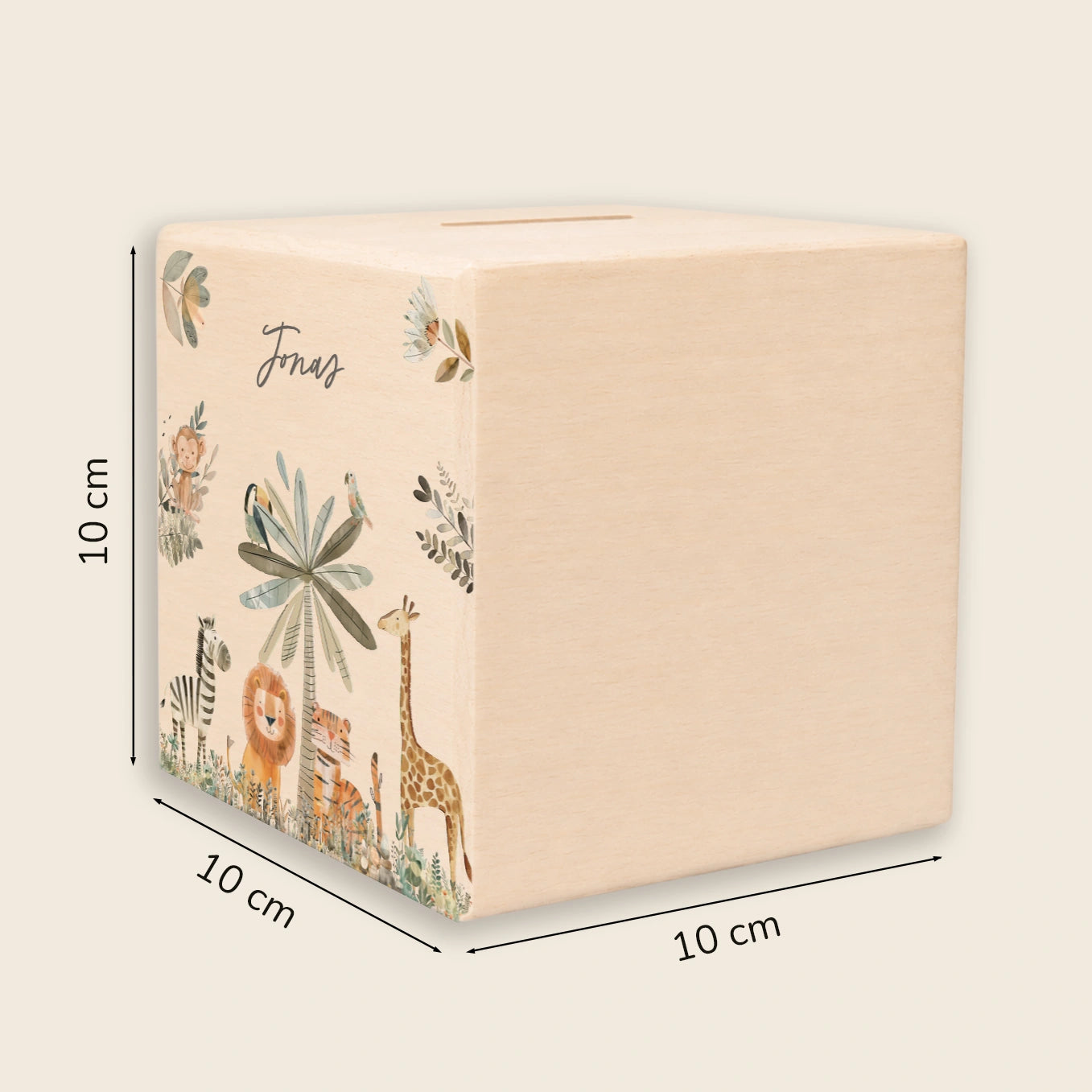 Personalisierte Holzspardose "Safari Tiere"