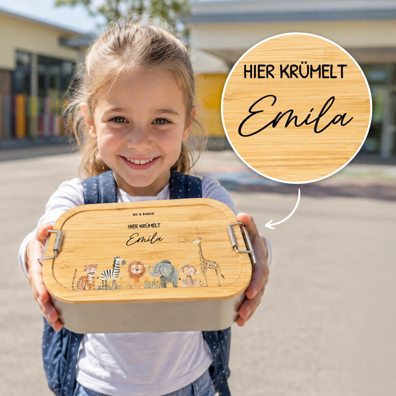 Personalisierte Brotdose mit Bambusdeckel "Safari Tiere"