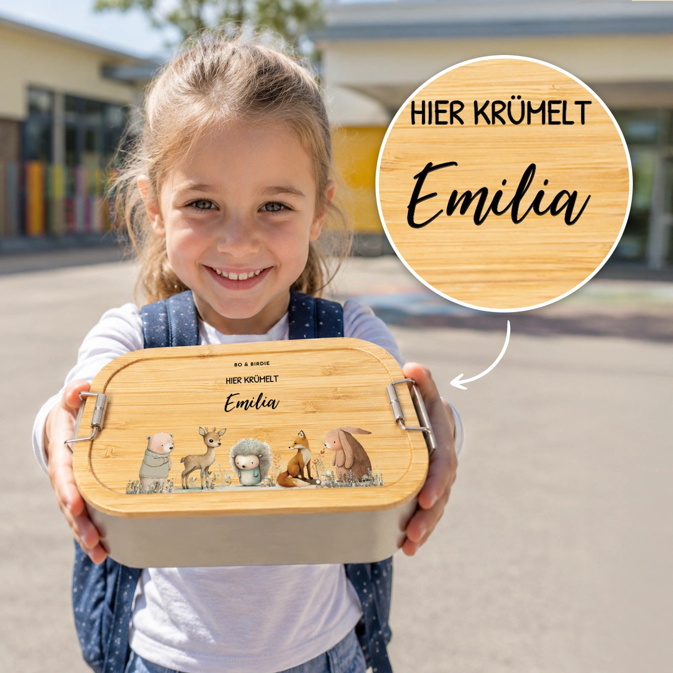 Personalisierte Brotdose mit Bambusdeckel "Waldtiere"