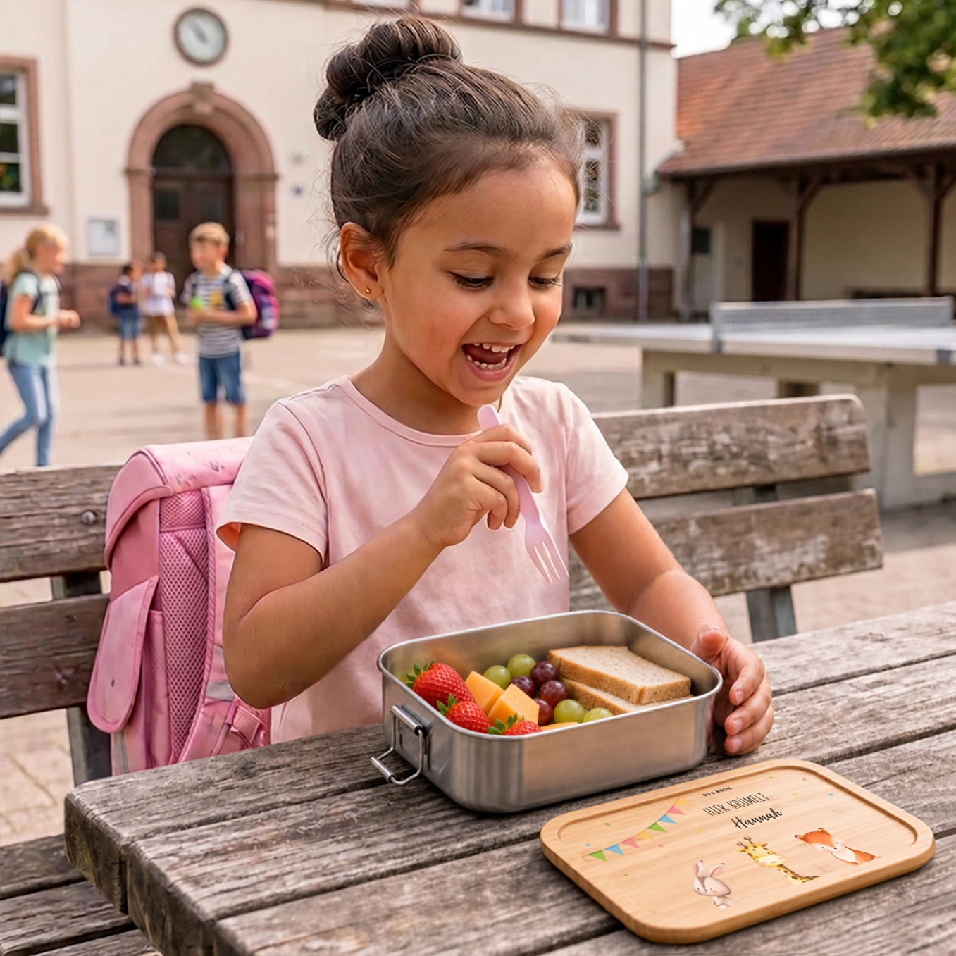 Personalisierte Brotdose mit Bambusdeckel "Konfetti"