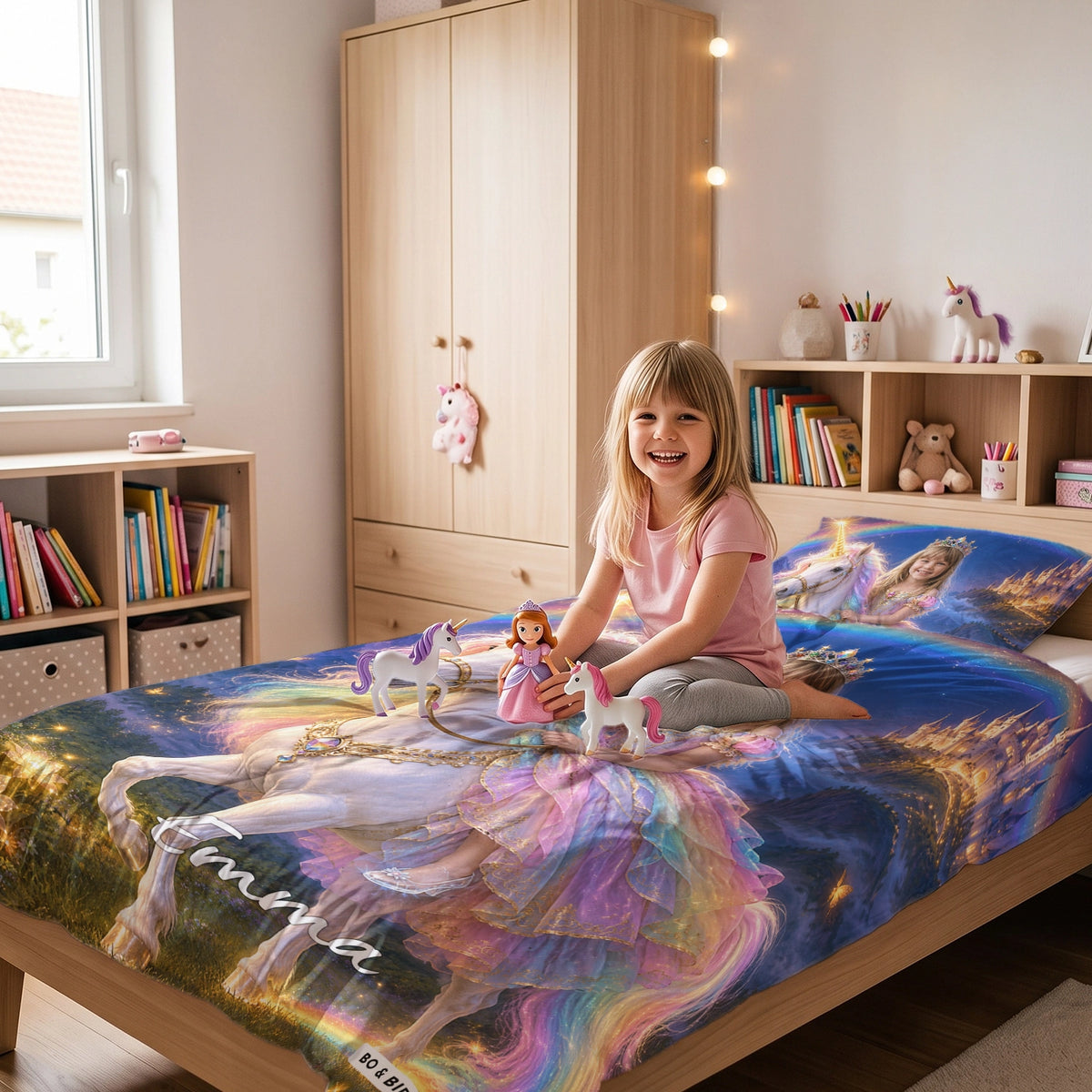 Mädchen spielt auf dem Bett mit Prinzessinnen-Bettwäsche